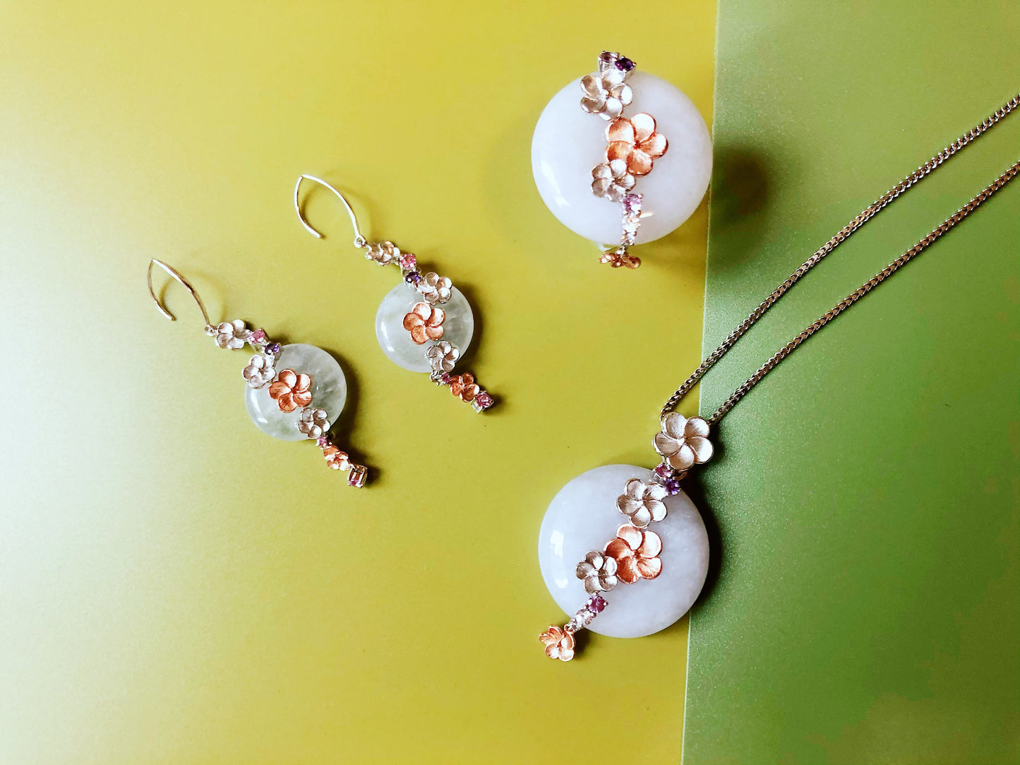 Icy Jadeite Donut Earrings - 14K Bicolor Rose Gold White Gold Floral Design