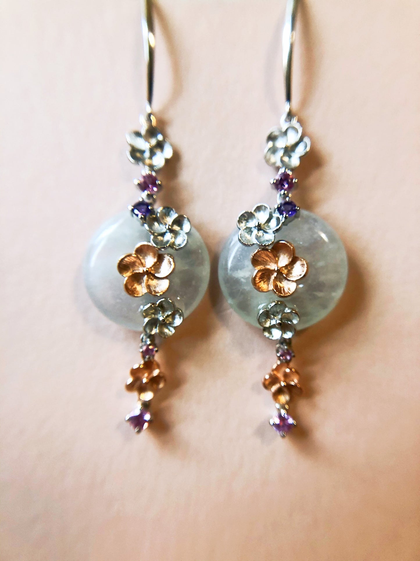 Icy Jadeite Donut Earrings - 14K Bicolor Rose Gold White Gold Floral Design
