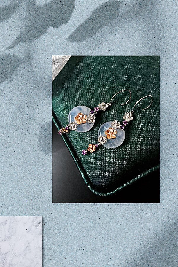 Icy Jadeite Donut Earrings - 14K Bicolor Rose Gold White Gold Floral Design