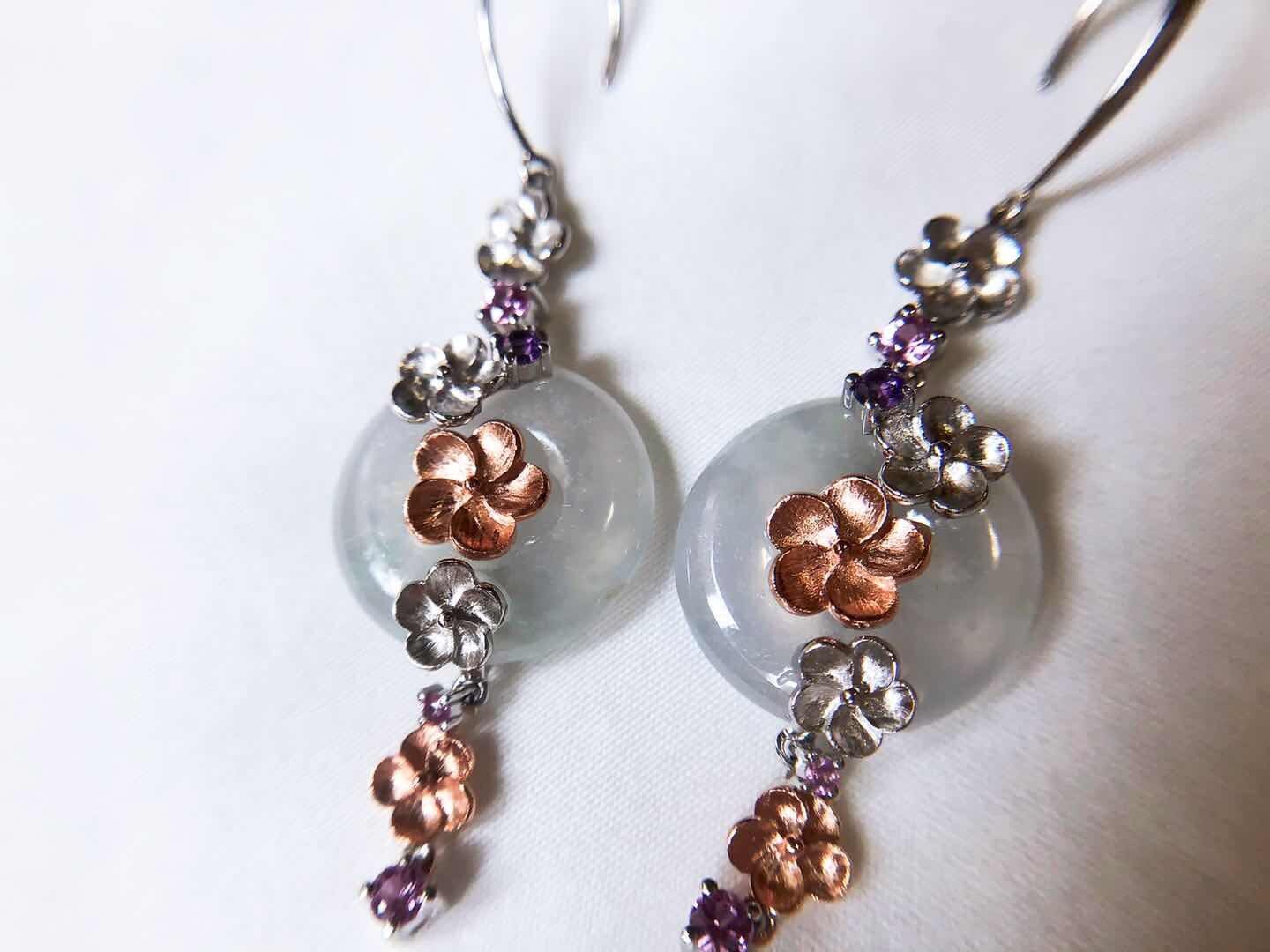 Icy Jadeite Donut Earrings - 14K Bicolor Rose Gold White Gold Floral Design