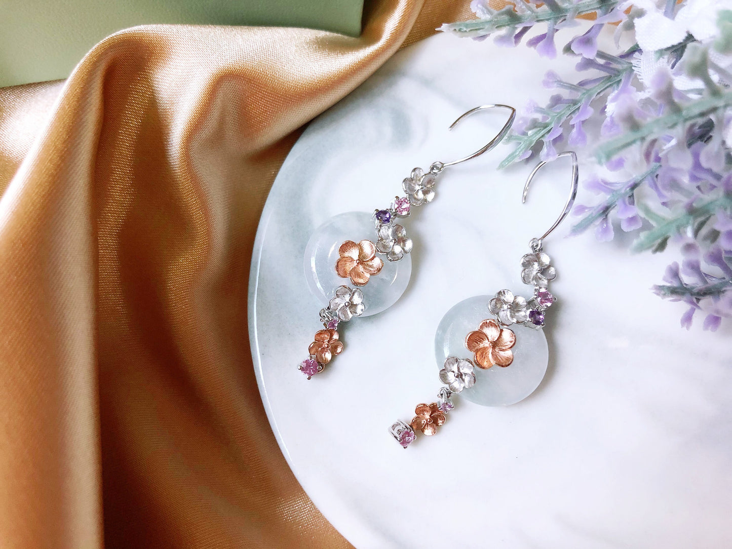 Icy Jadeite Donut Earrings - 14K Bicolor Rose Gold White Gold Floral Design