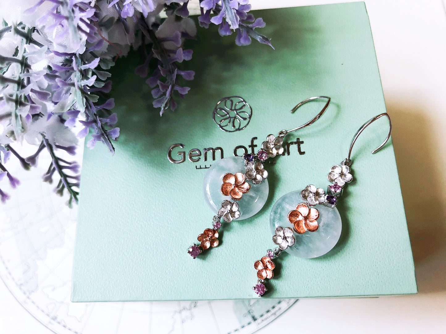Icy Jadeite Donut Earrings - 14K Bicolor Rose Gold White Gold Floral Design