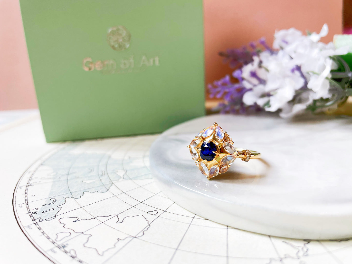 18k Gold Ring with Natural Sapphire and Moonstones