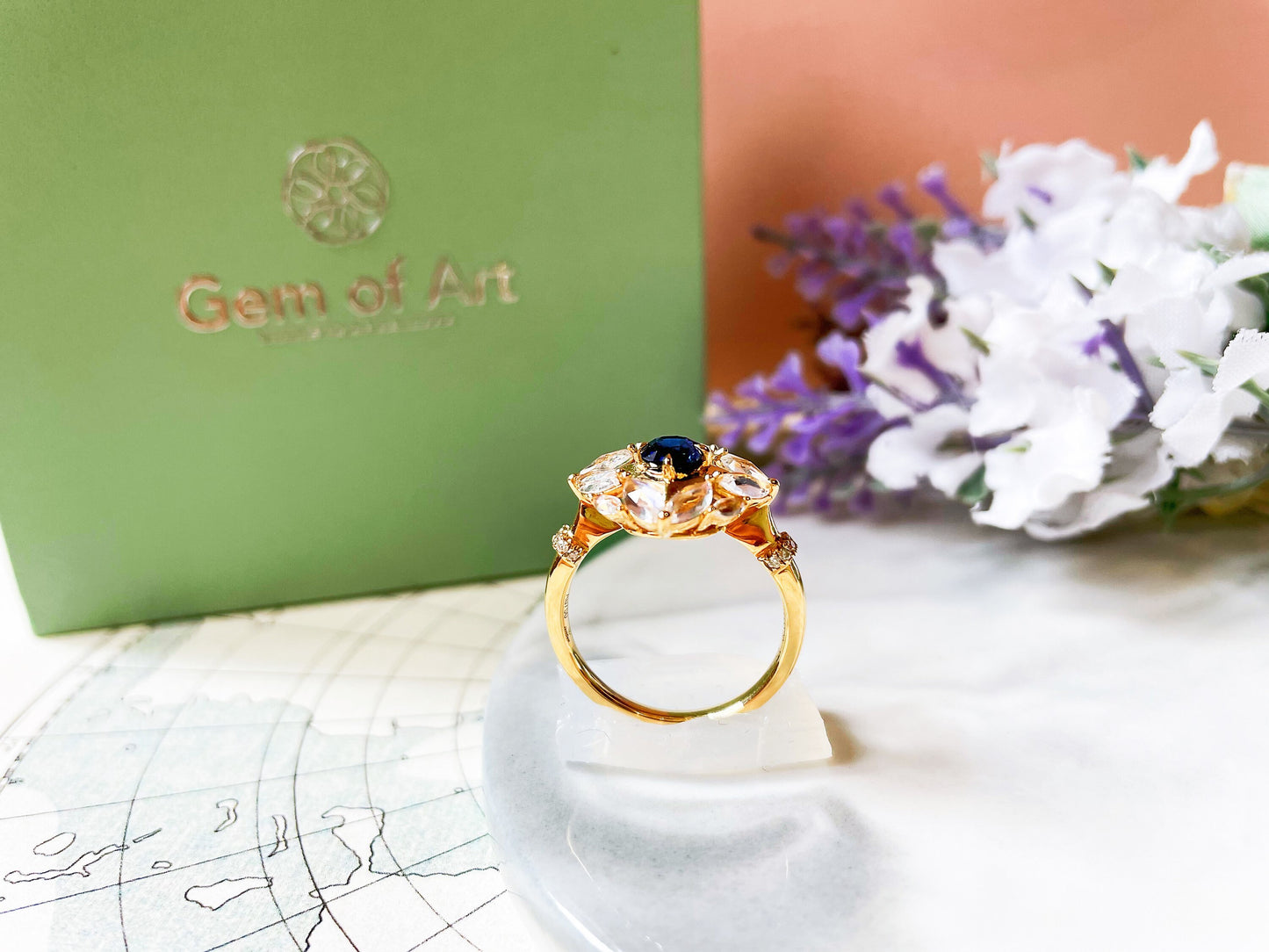 18k Gold Ring with Natural Sapphire and Moonstones