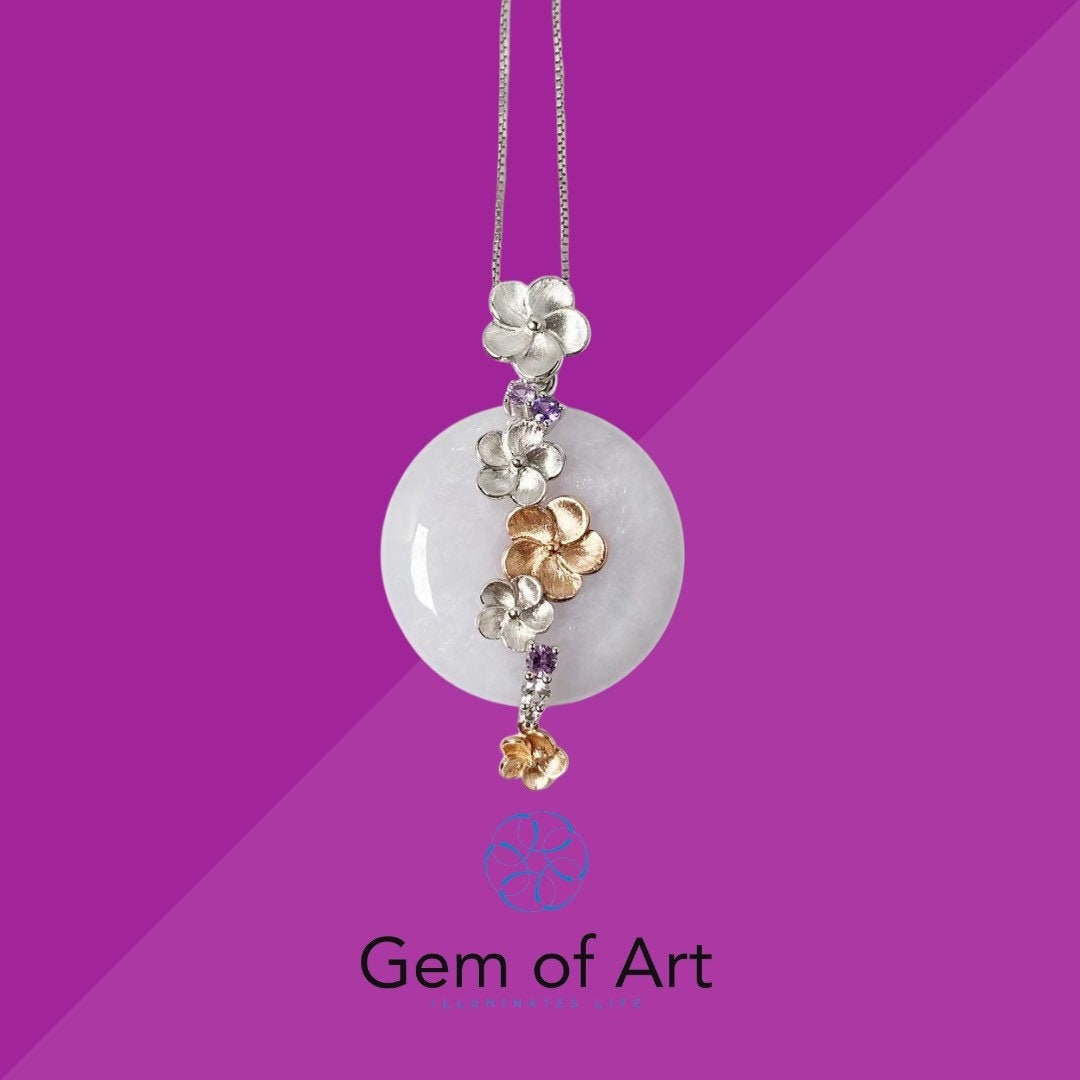 Lavender Jadeite Donut Pendant in 14K Bicolor Gold - Floral Design