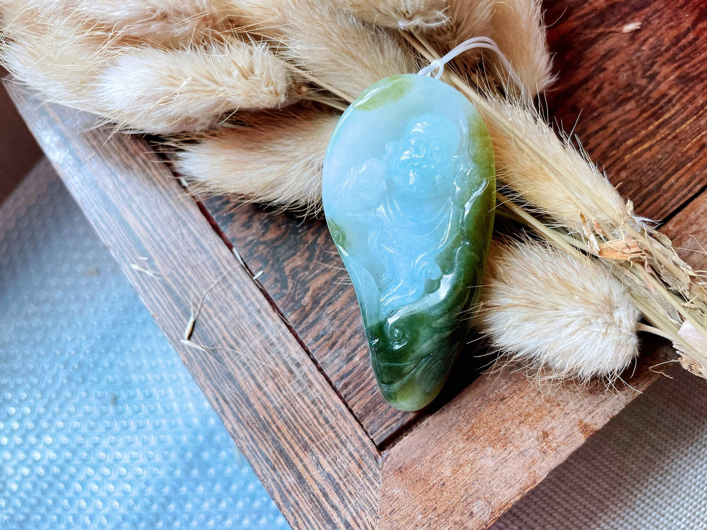 Icy Translucent Olive Green Jadeite Happy Buddha Pendant