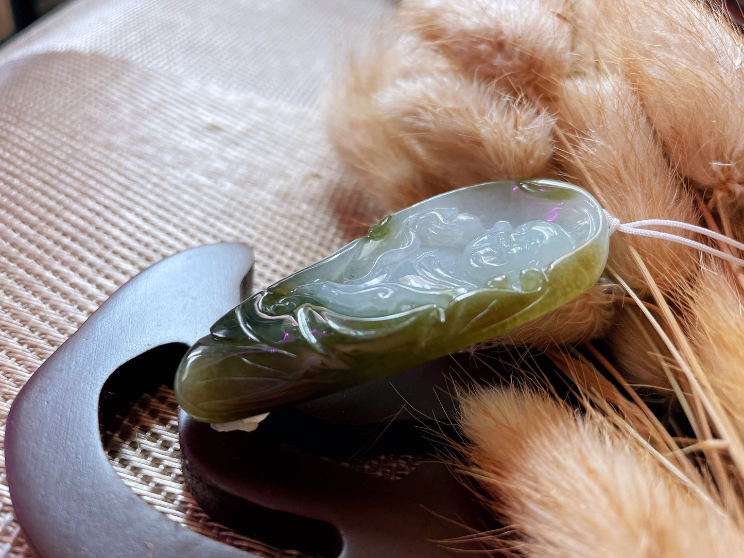 Icy Translucent Olive Green Jadeite Happy Buddha Pendant