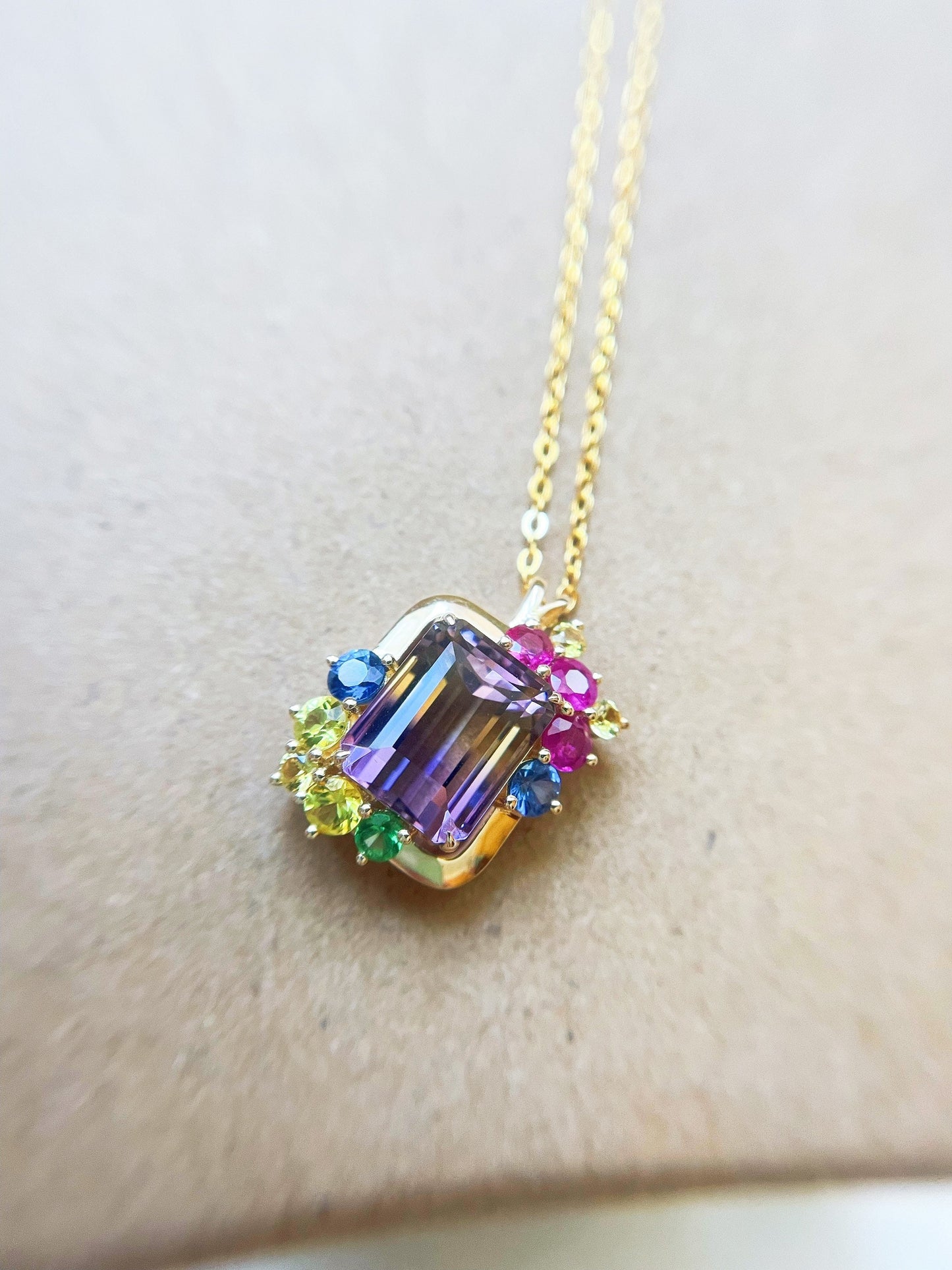 14k Gold Ametrine and Bicolor Sapphires Pendant with Amethyst and Citrine Gems