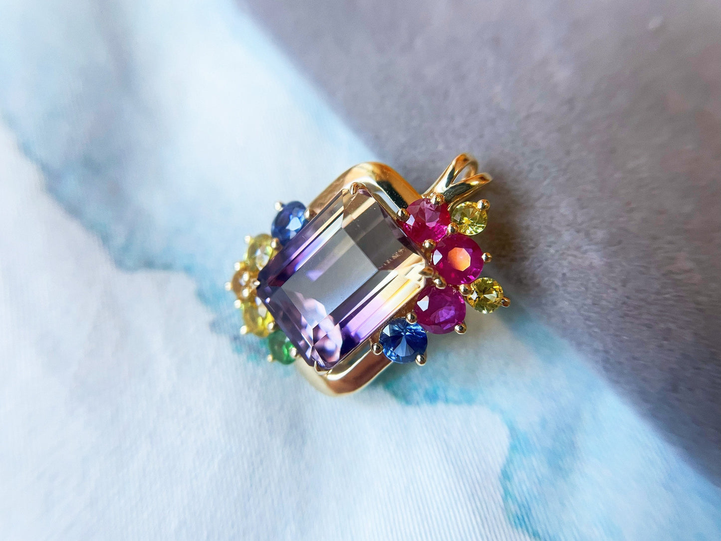 14k Gold Ametrine and Bicolor Sapphires Pendant with Amethyst and Citrine Gems