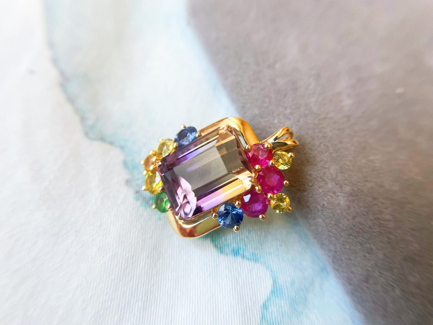 14k Gold Ametrine and Bicolor Sapphires Pendant with Amethyst and Citrine Gems
