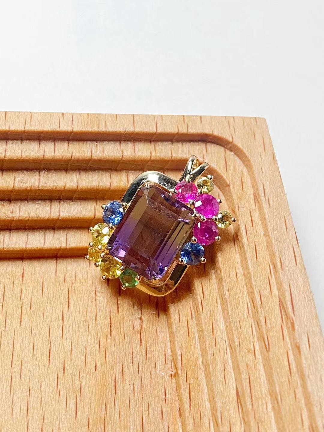 14k Gold Ametrine and Bicolor Sapphires Pendant with Amethyst and Citrine Gems
