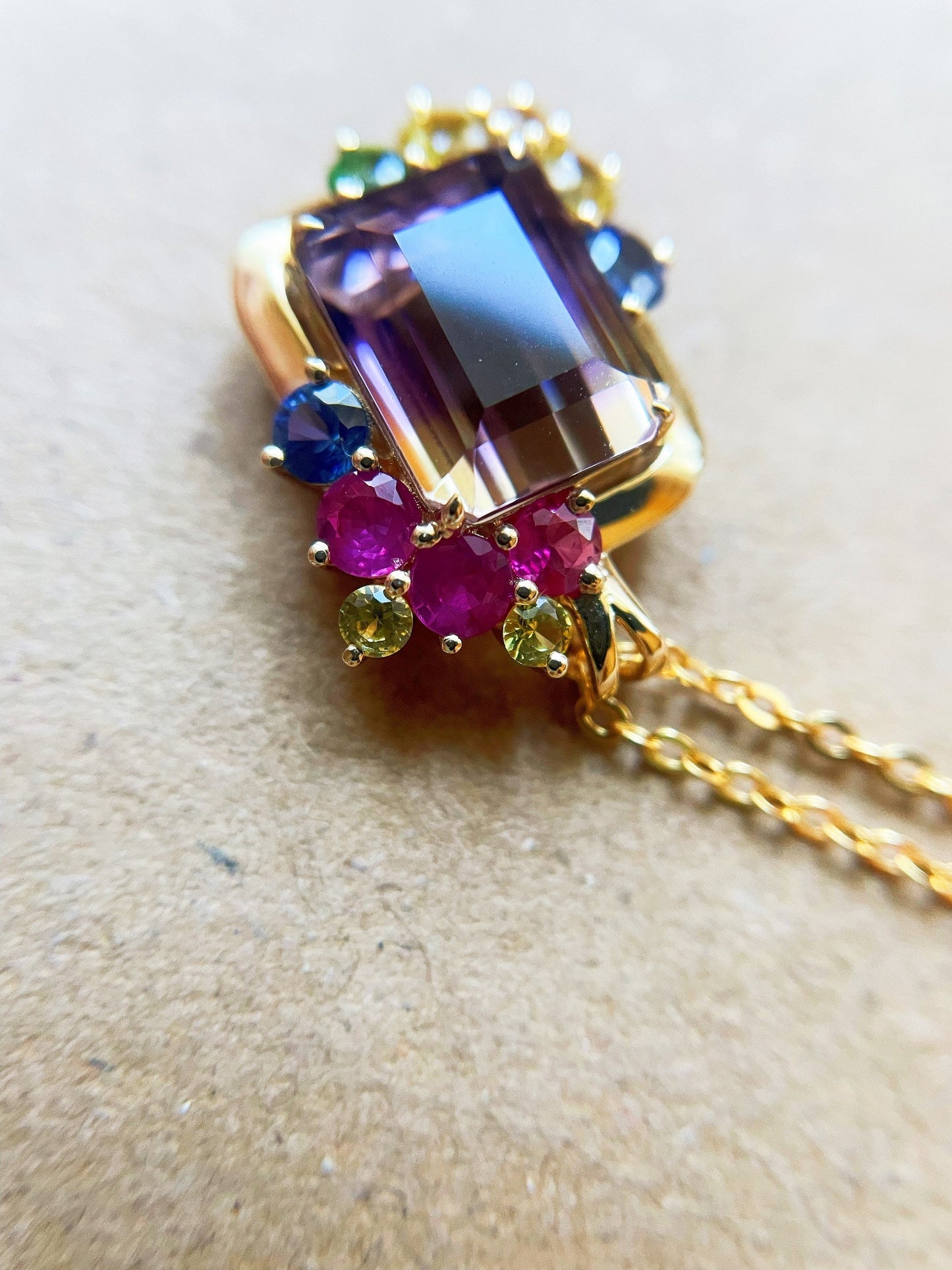 14k Gold Ametrine and Bicolor Sapphires Pendant with Amethyst and Citrine Gems