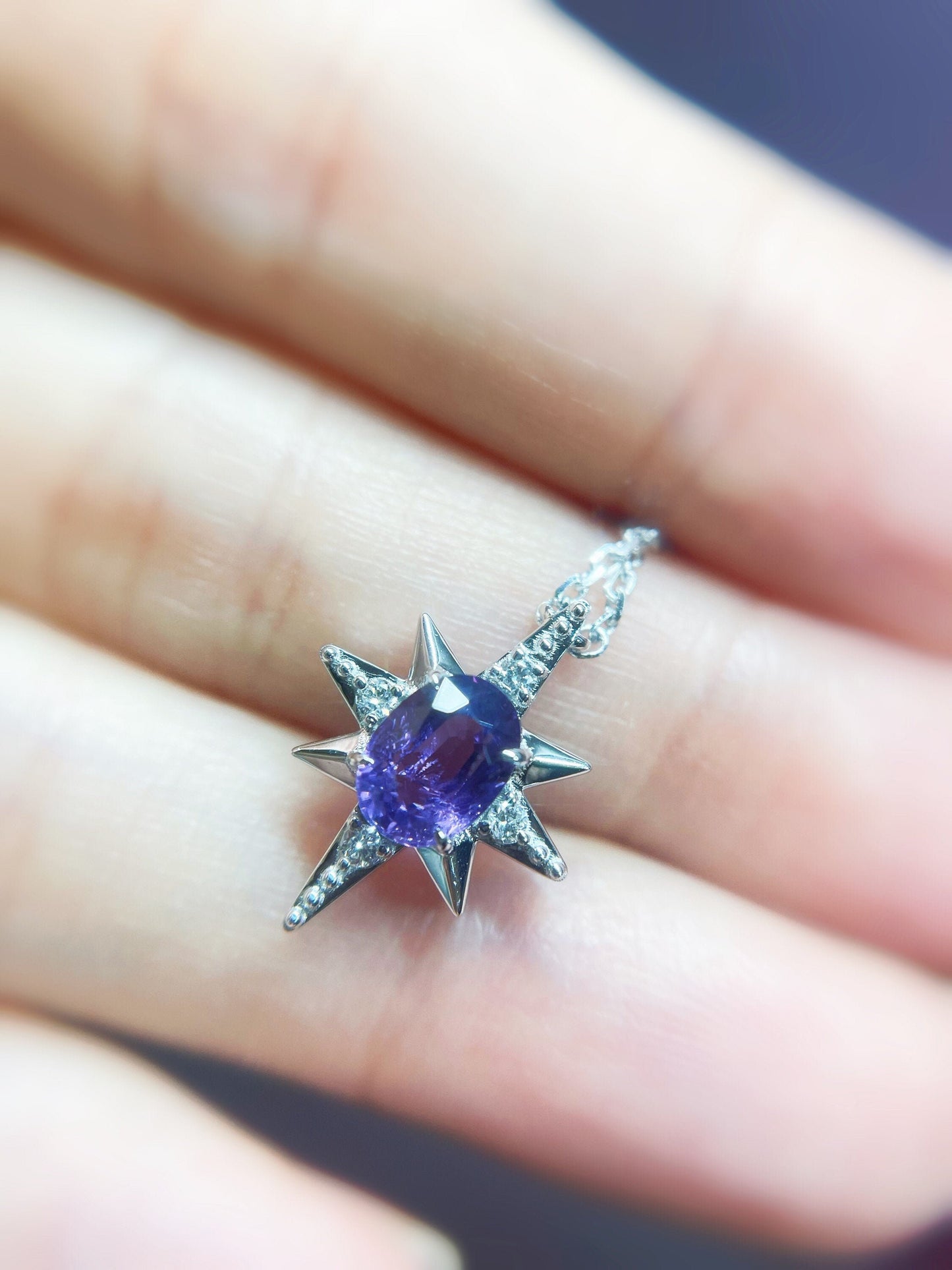 18K White Gold Star Pendant with Certified Mogok Purple Sapphire Diamond