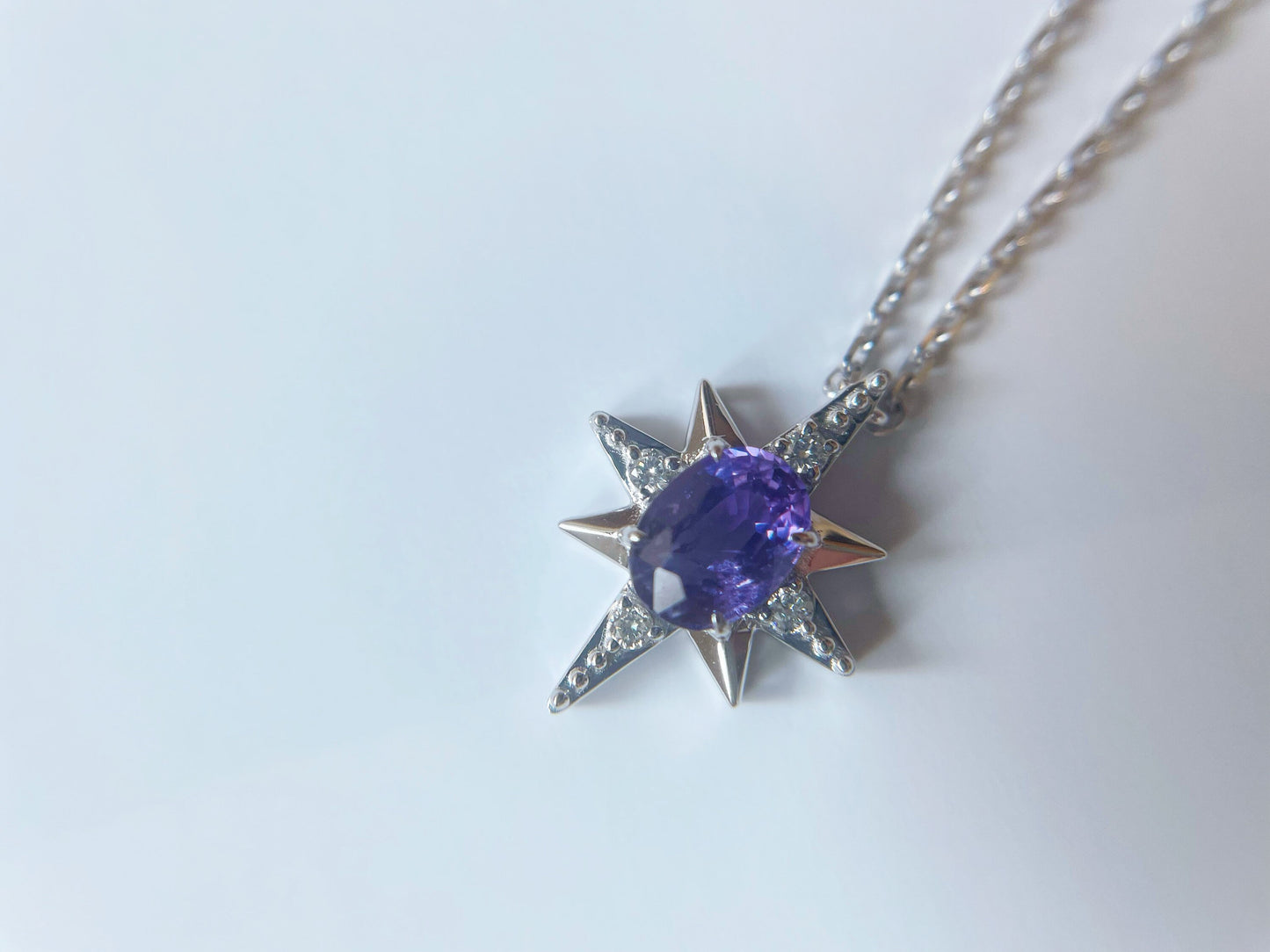 18K White Gold Star Pendant with Certified Mogok Purple Sapphire Diamond