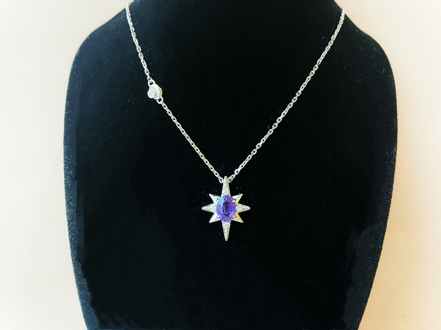18K White Gold Star Pendant with Certified Mogok Purple Sapphire Diamond
