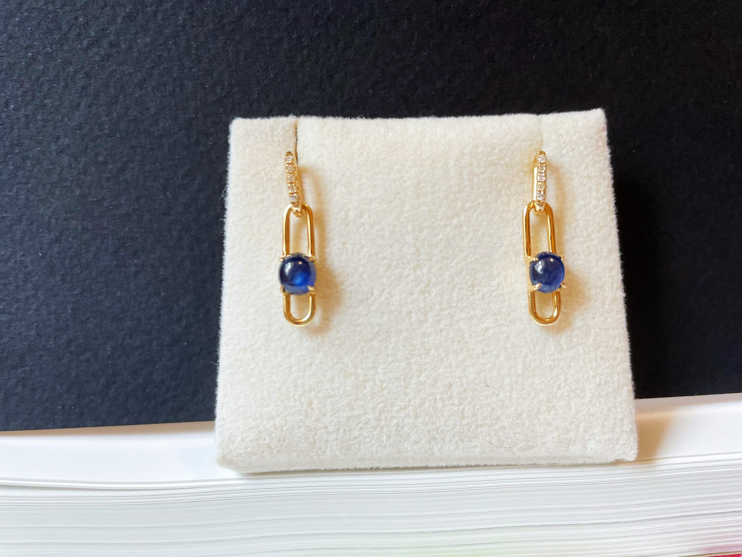 Blue Sapphire Cabochon Diamond 18k Gold Earrings