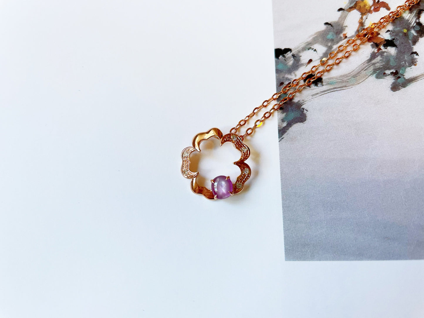 Star Ruby Diamond 18k Rose Gold Floral Pendant