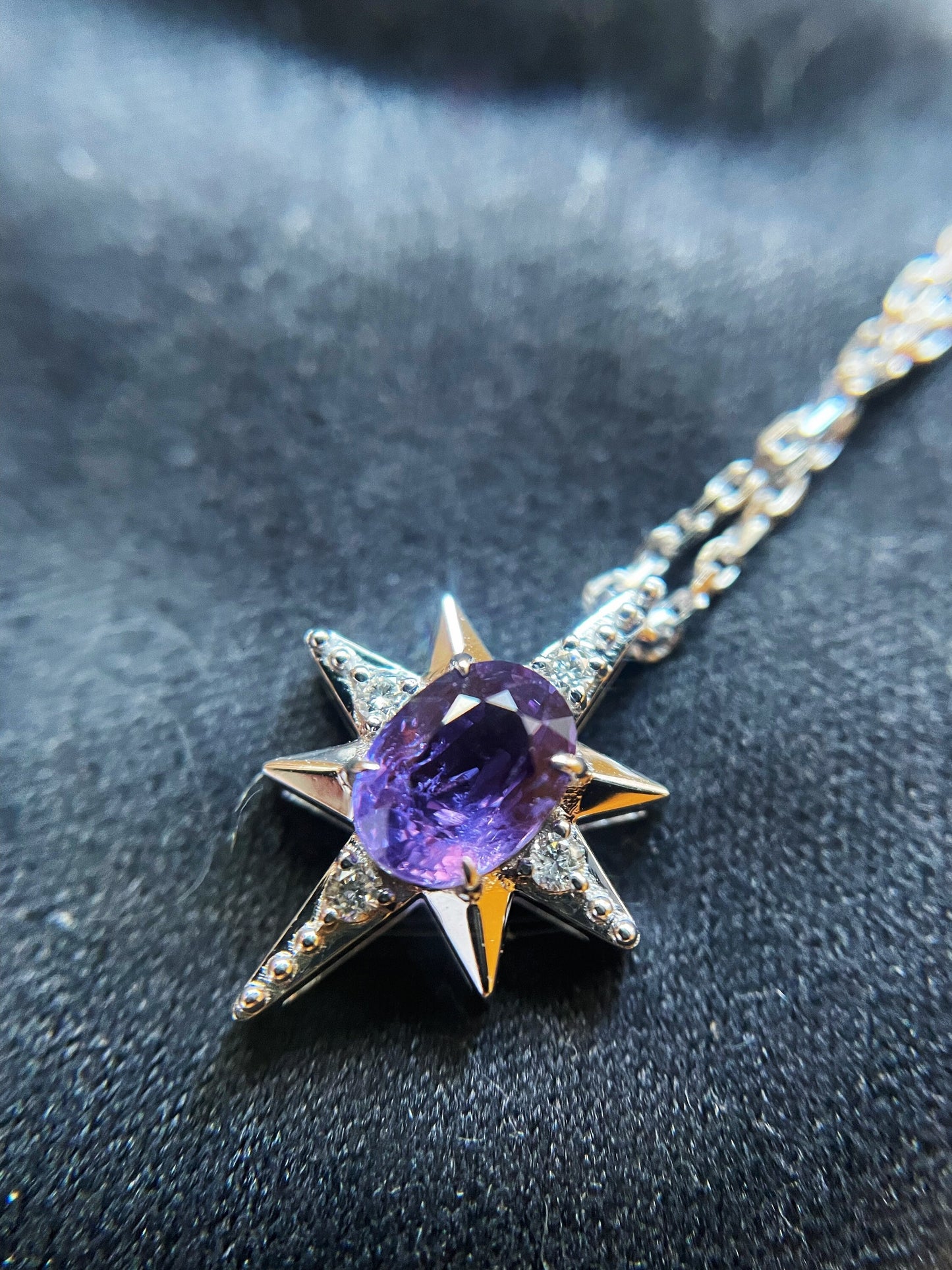 18K White Gold Star Pendant with Certified Mogok Purple Sapphire Diamond
