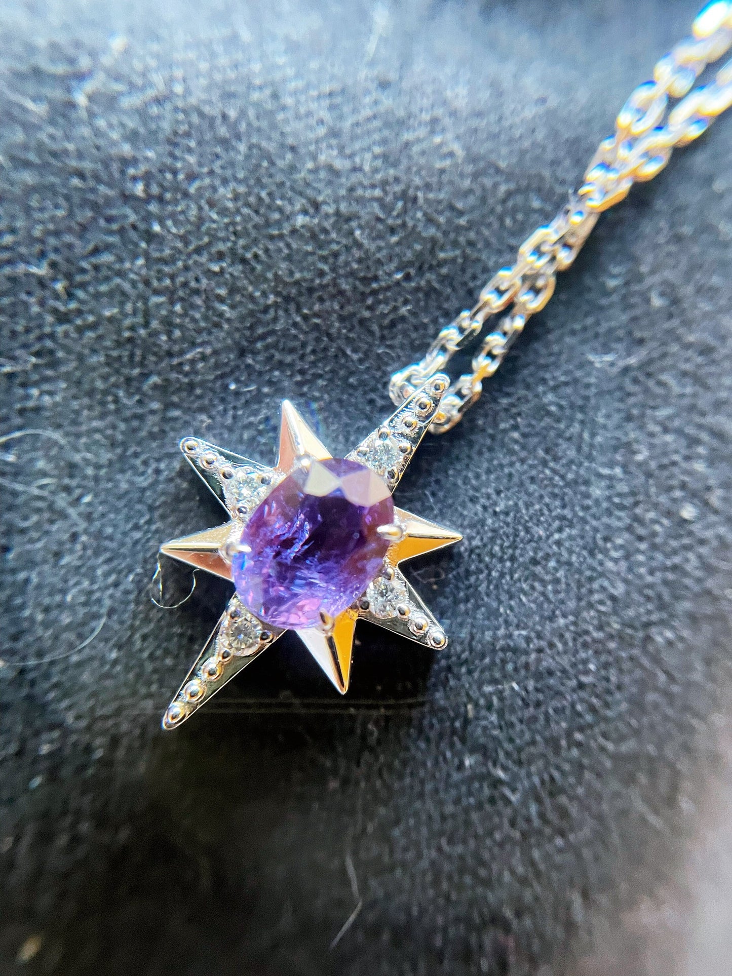 18K White Gold Star Pendant with Certified Mogok Purple Sapphire Diamond