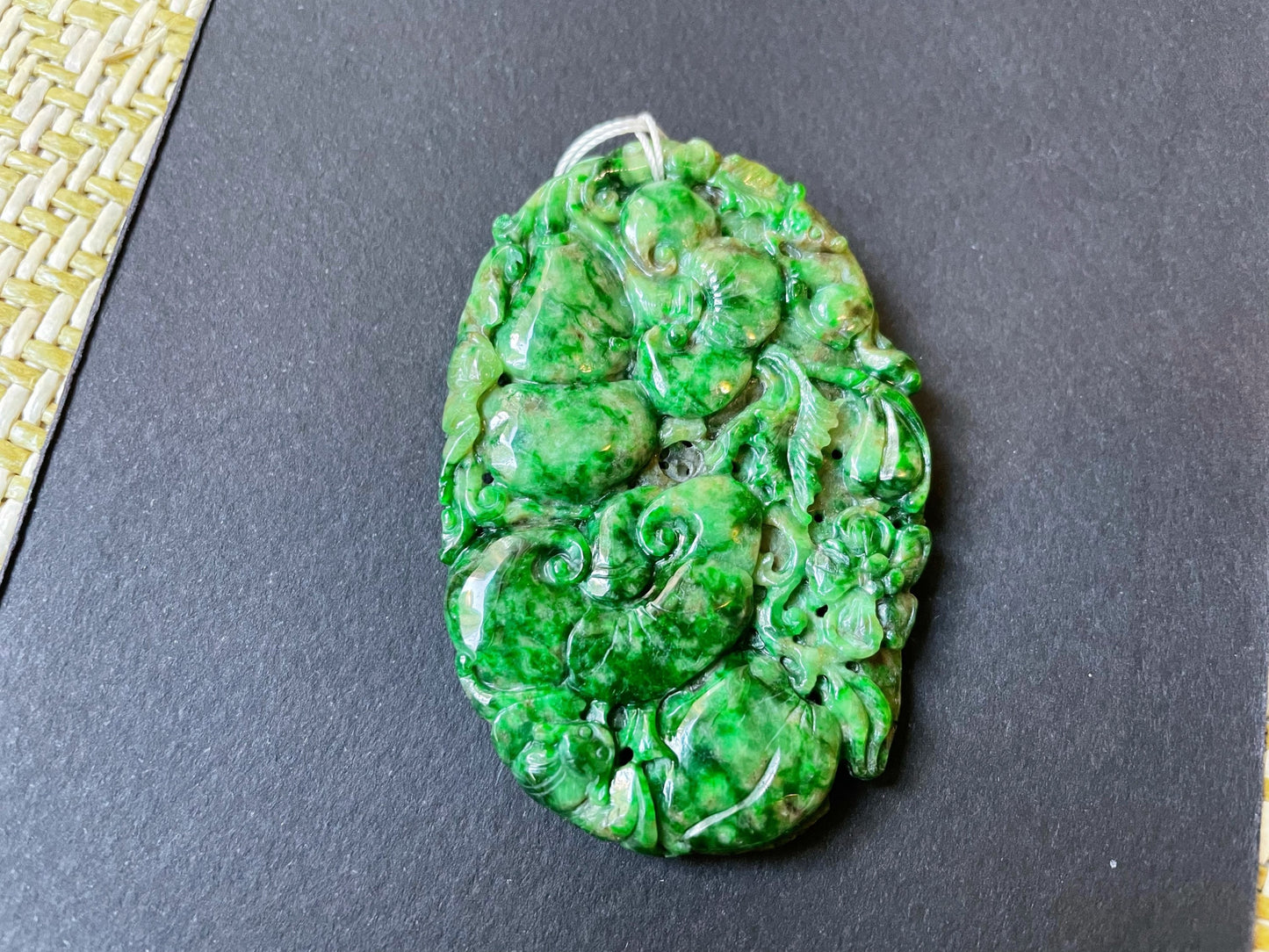 Vivid Green Jade Ruyi Pendant - Longevity Peach Flower Bat