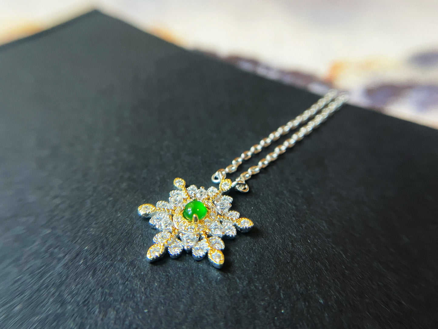 Sterling Silver Snowflake Pendant with Imperial Green Jadeite Jade