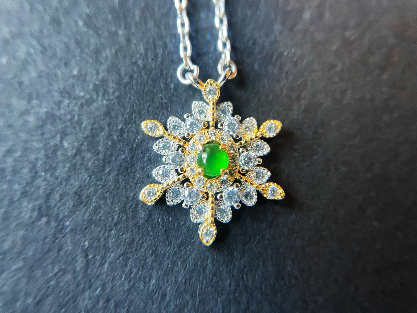Sterling Silver Snowflake Pendant with Imperial Green Jadeite Jade