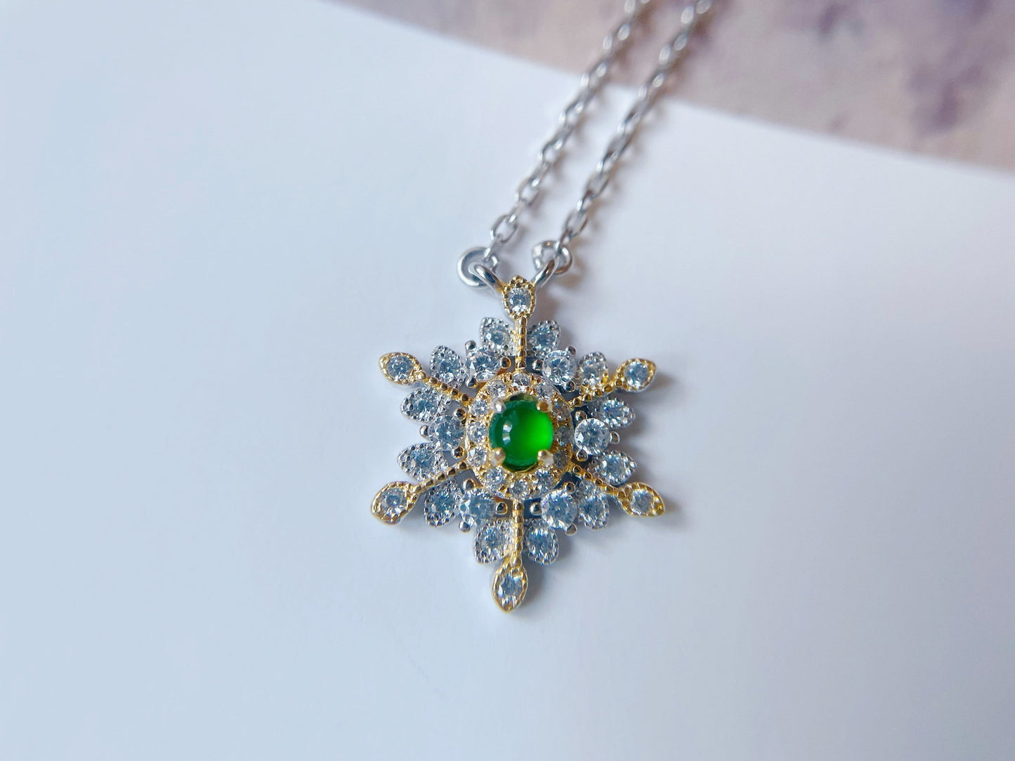 Sterling Silver Snowflake Pendant with Imperial Green Jadeite Jade