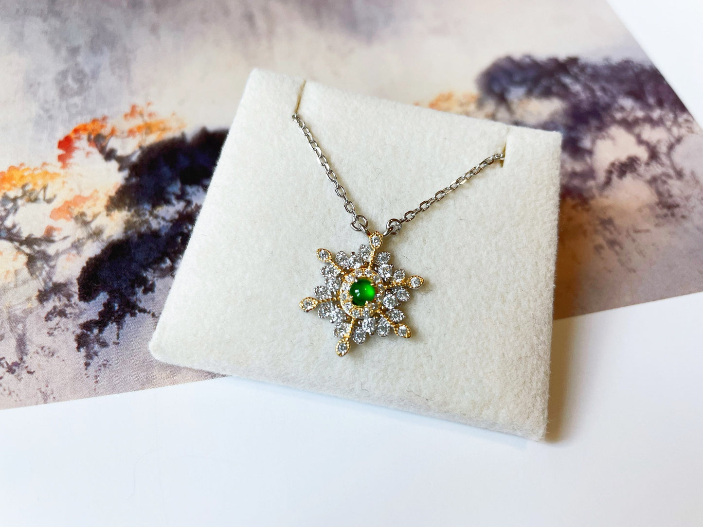 Sterling Silver Snowflake Pendant with Imperial Green Jadeite Jade