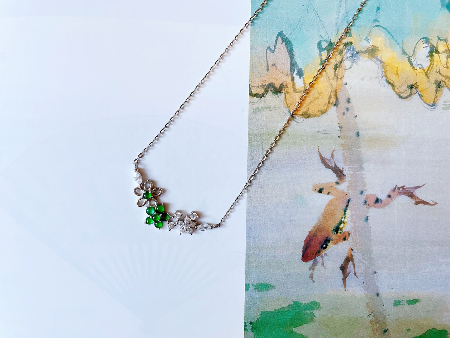 Imperial Green Jade Floral Pendant Necklace Sterling Silver