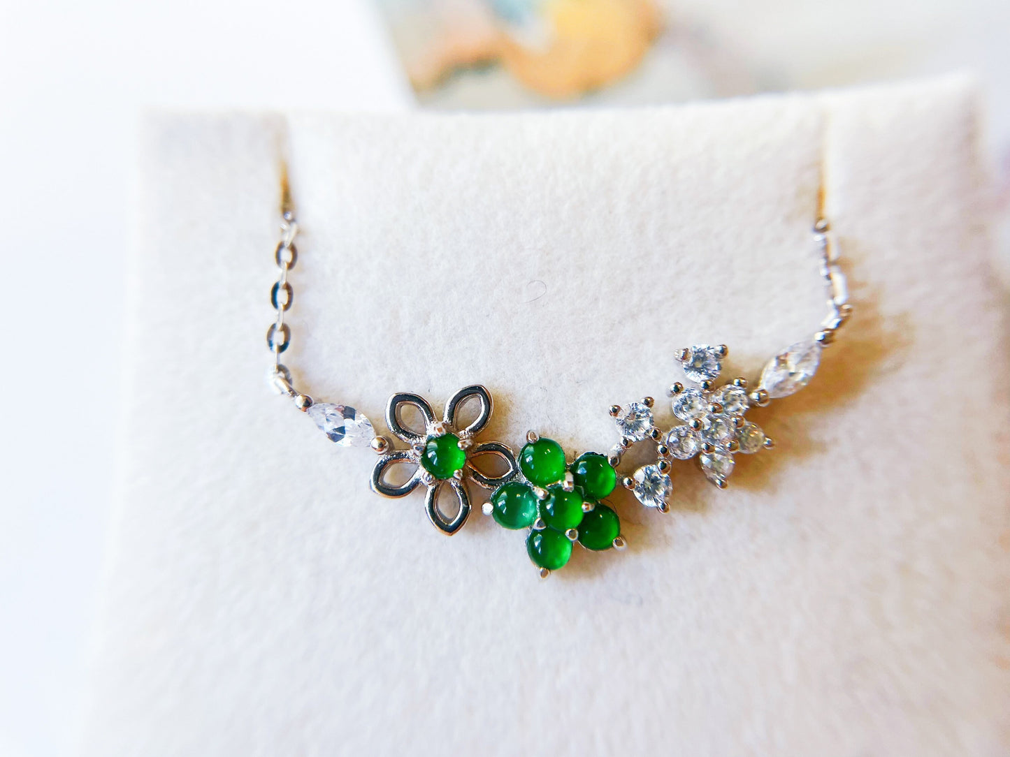 Imperial Green Jade Floral Pendant Necklace Sterling Silver