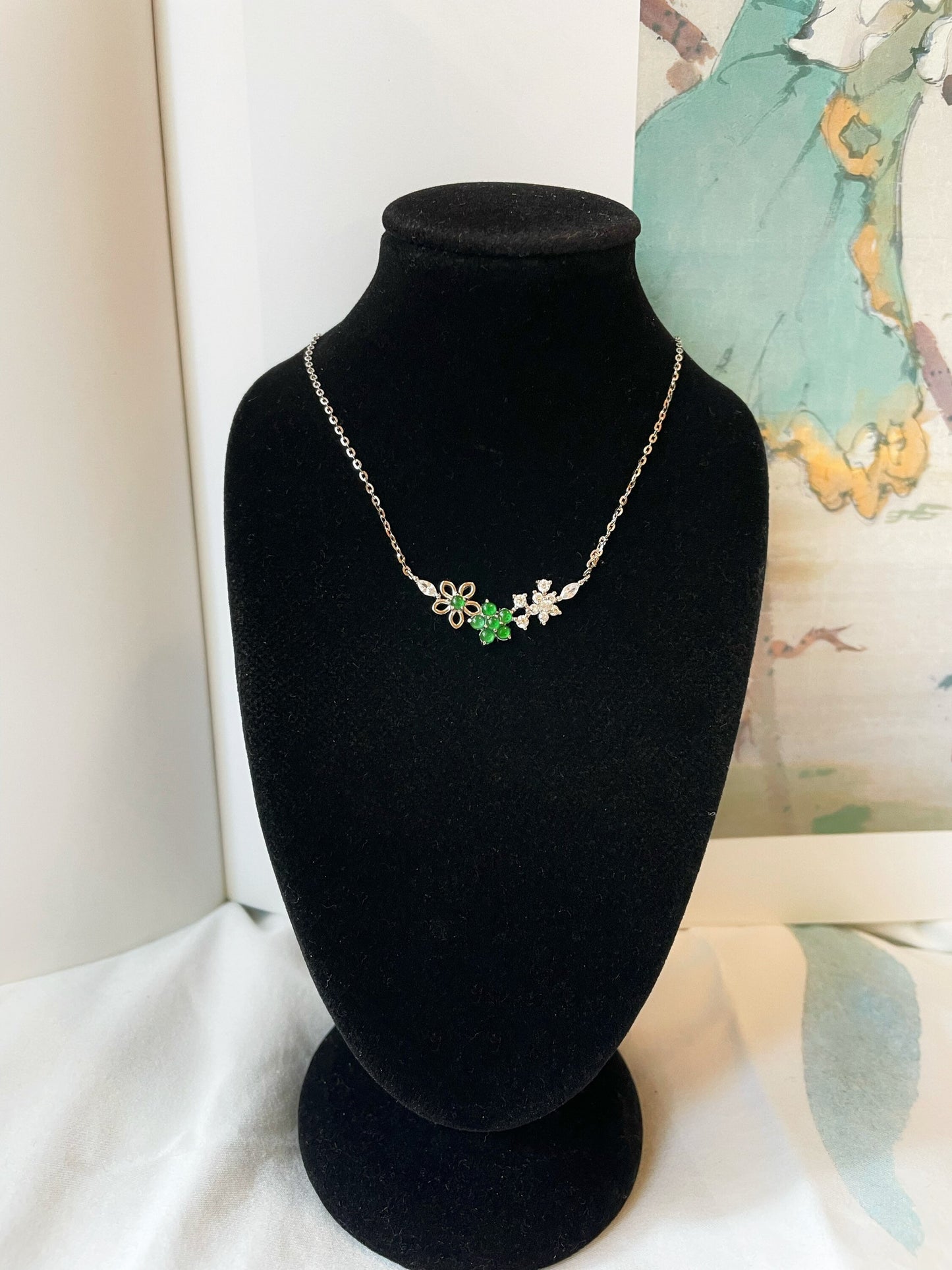 Imperial Green Jade Floral Pendant Necklace Sterling Silver