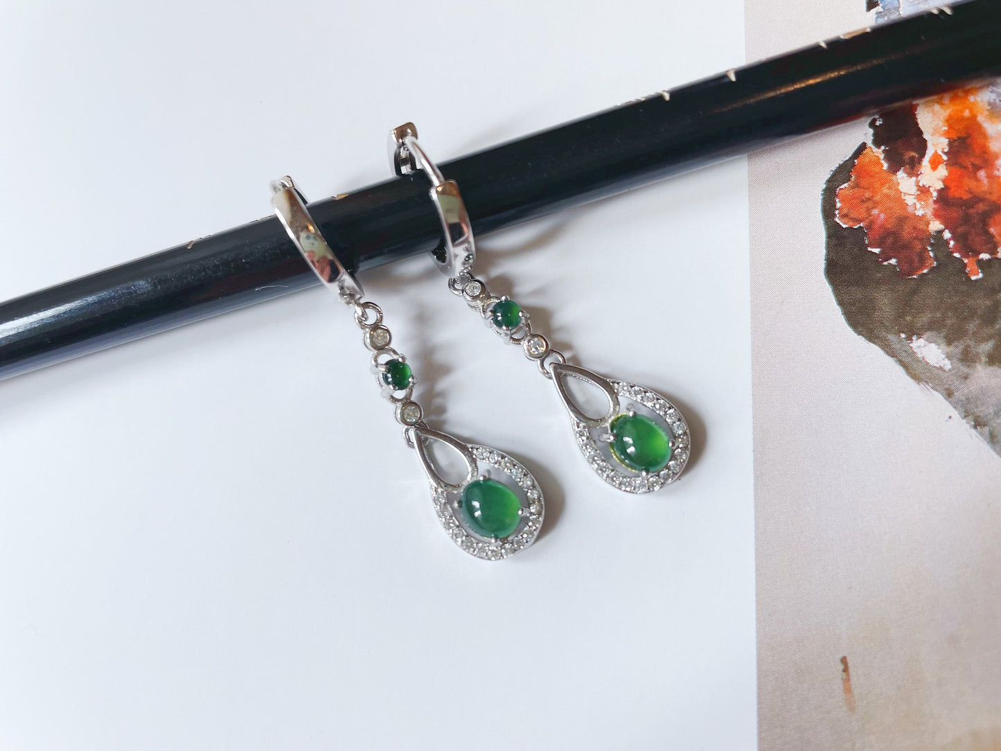 Green Jadeite Jade Huggie Hoop Earrings - Sterling Silver and Zircon Set