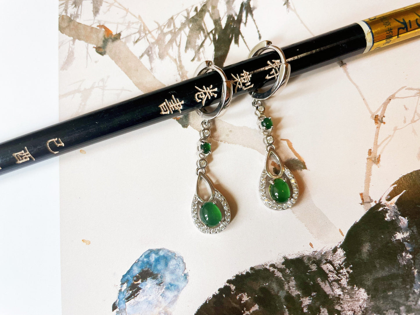 Green Jadeite Jade Huggie Hoop Earrings - Sterling Silver and Zircon Set