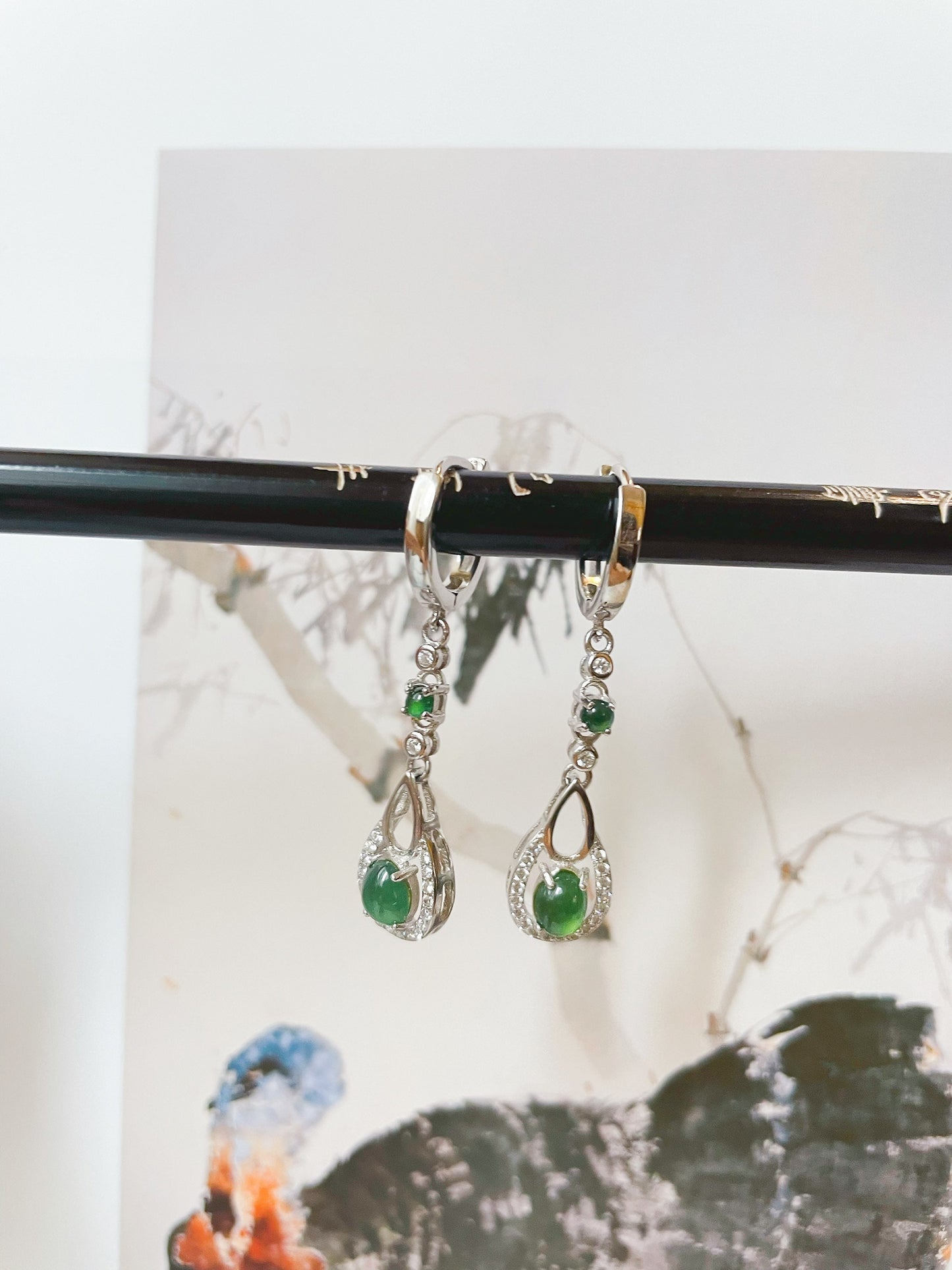 Green Jadeite Jade Huggie Hoop Earrings - Sterling Silver and Zircon Set