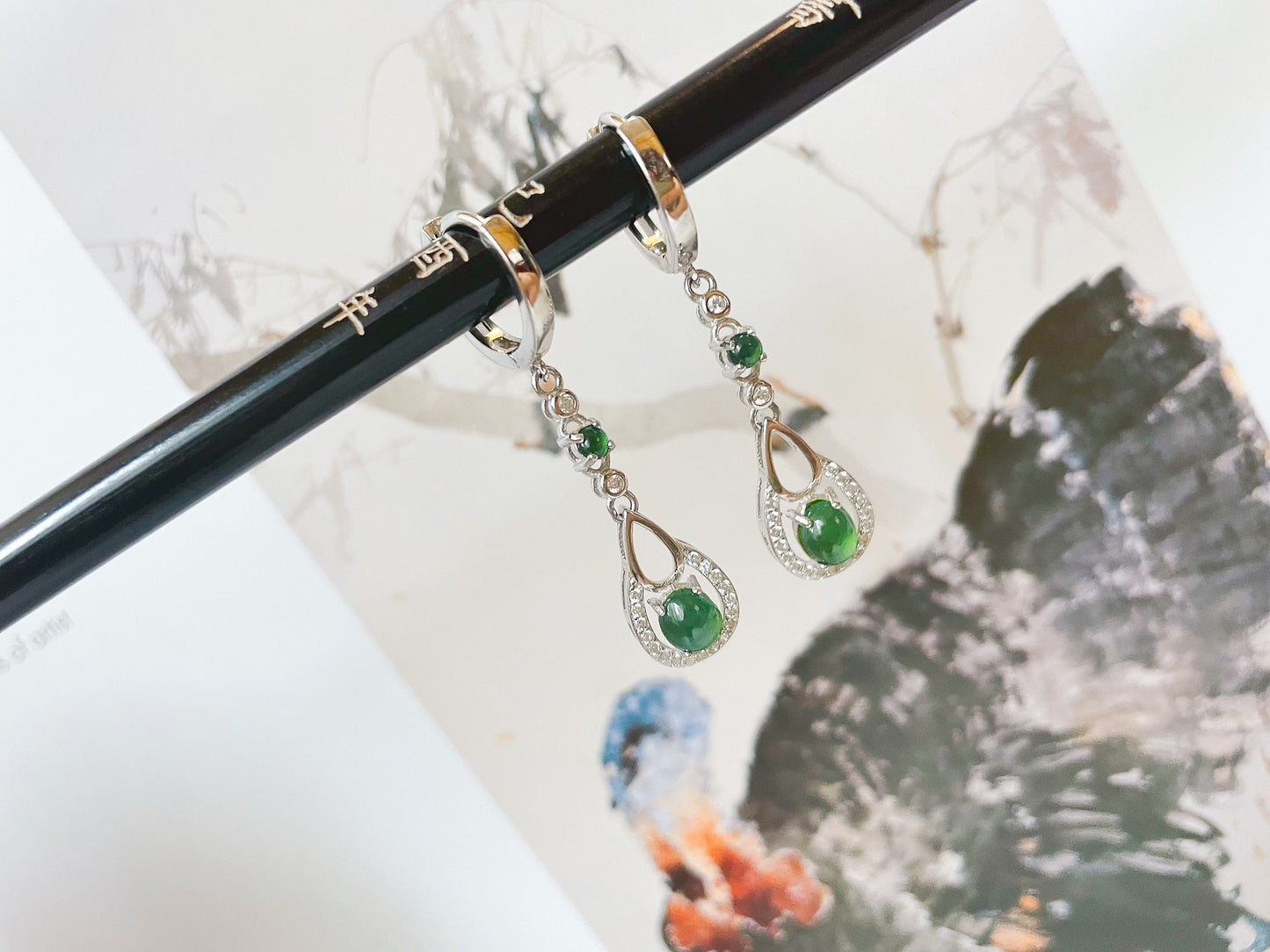 Green Jadeite Jade Huggie Hoop Earrings - Sterling Silver and Zircon Set