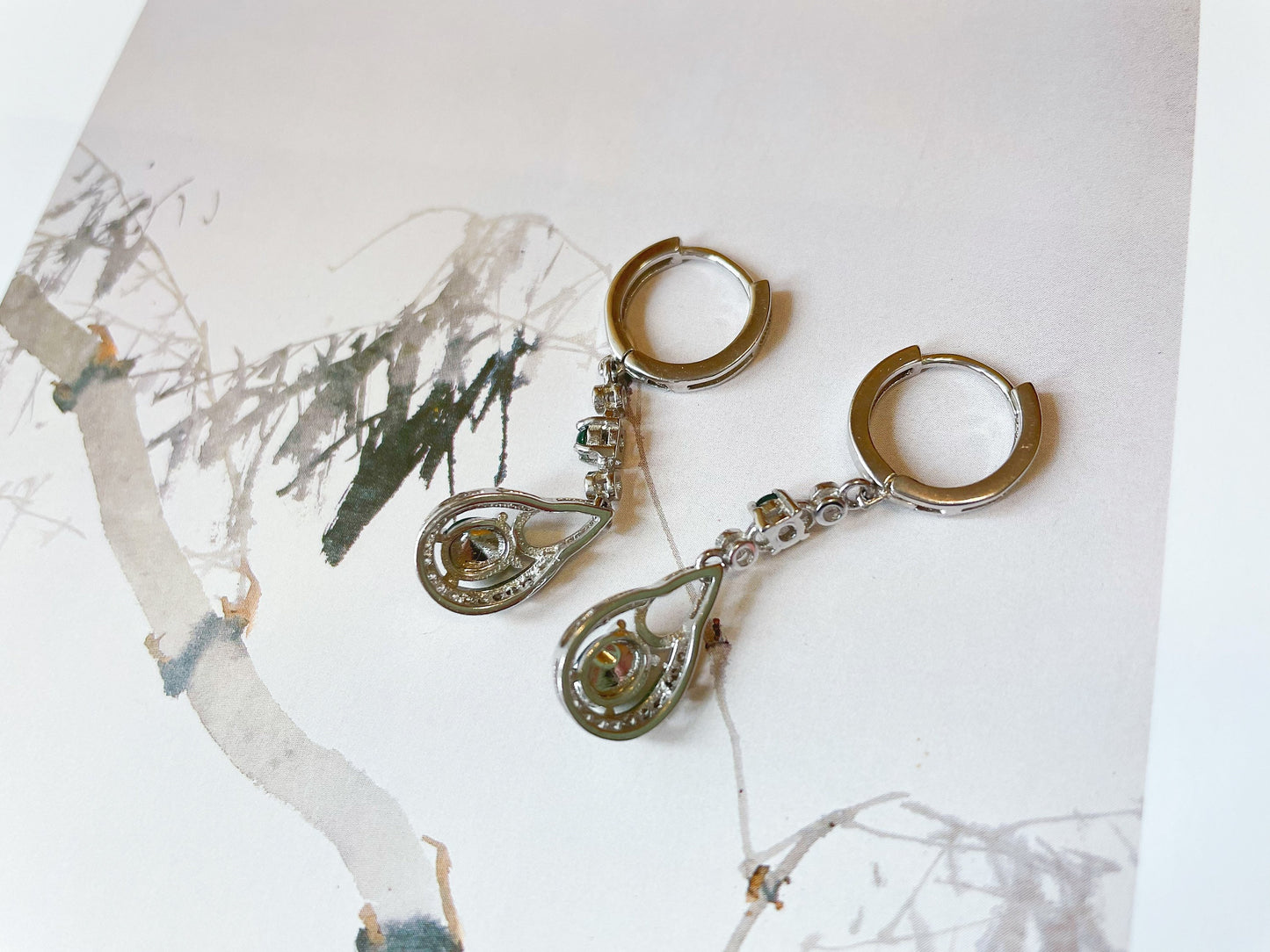 Green Jadeite Jade Huggie Hoop Earrings - Sterling Silver and Zircon Set
