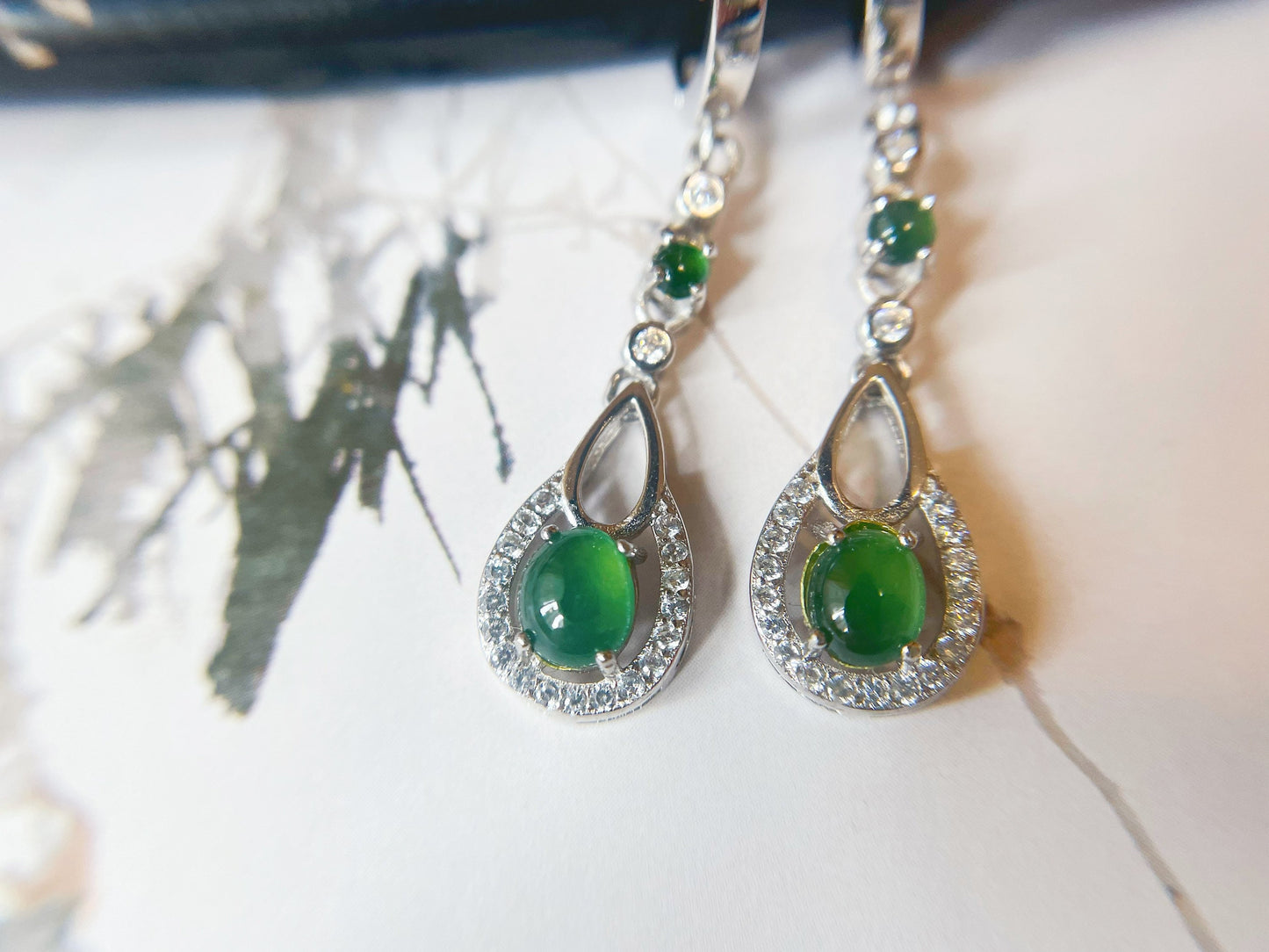 Green Jadeite Jade Huggie Hoop Earrings - Sterling Silver and Zircon Set