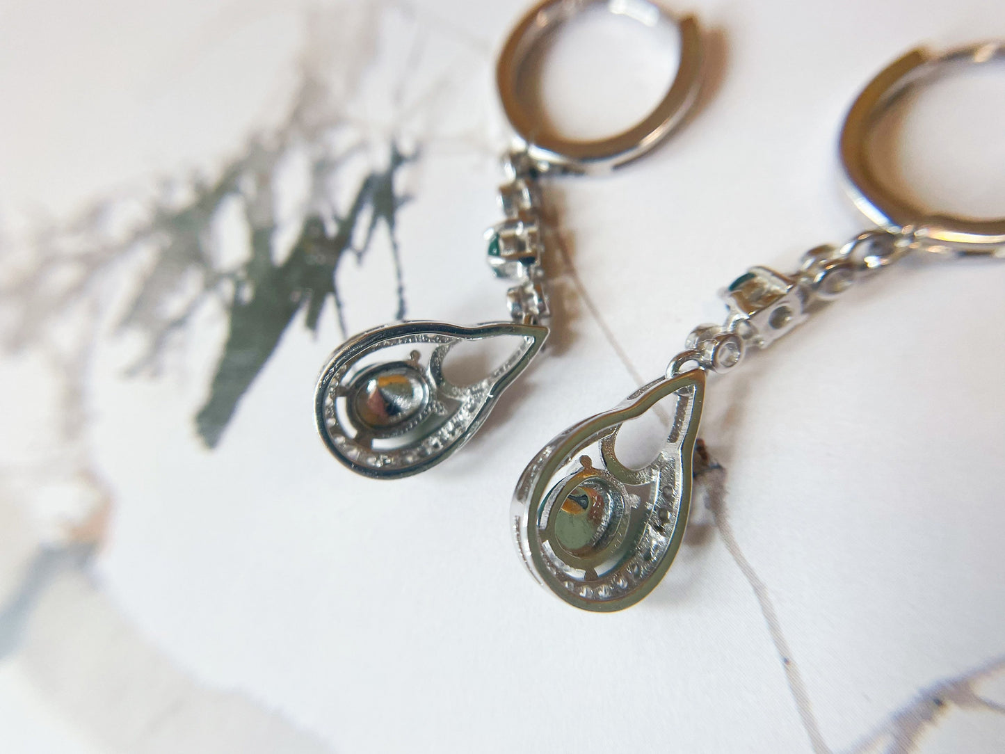 Green Jadeite Jade Huggie Hoop Earrings - Sterling Silver and Zircon Set