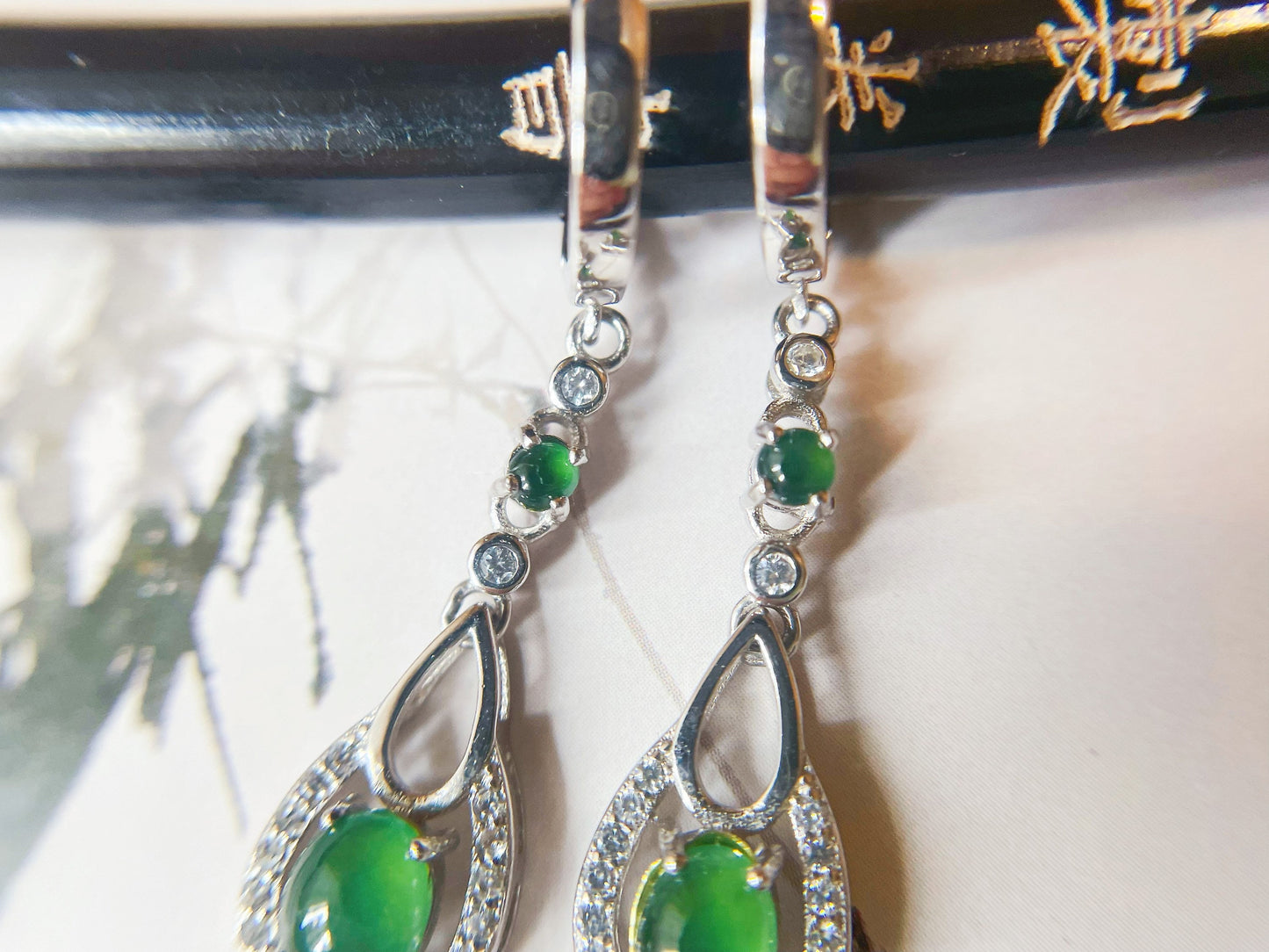 Green Jadeite Jade Huggie Hoop Earrings - Sterling Silver and Zircon Set