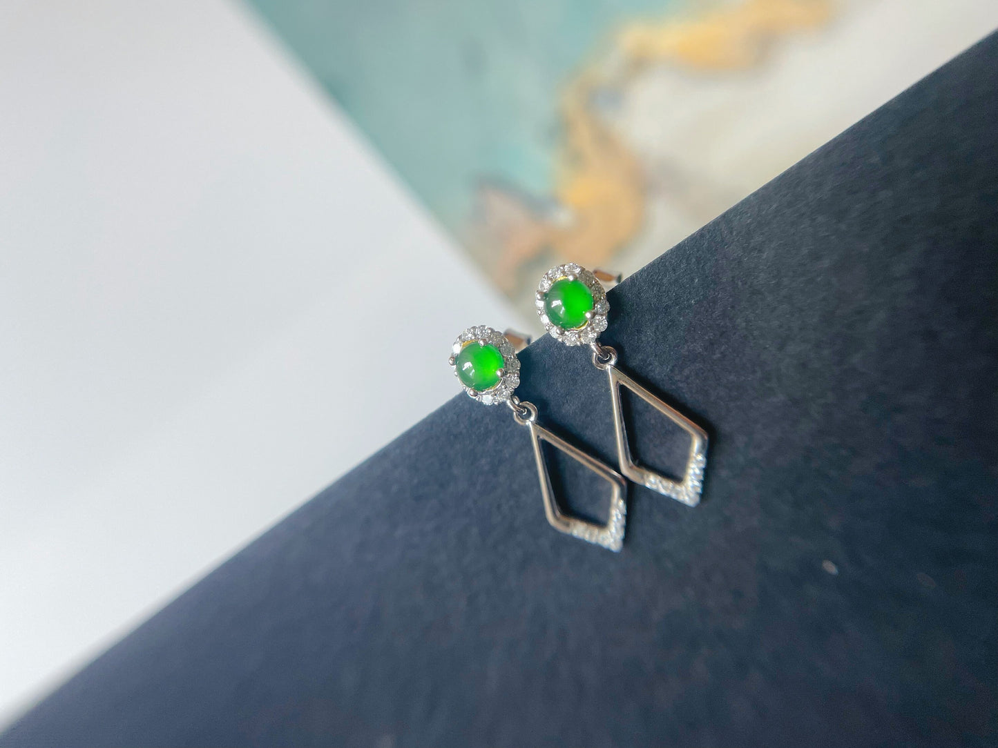 Green Jadeite Drop Earrings - 925 Sterling Silver with Zircon Accents