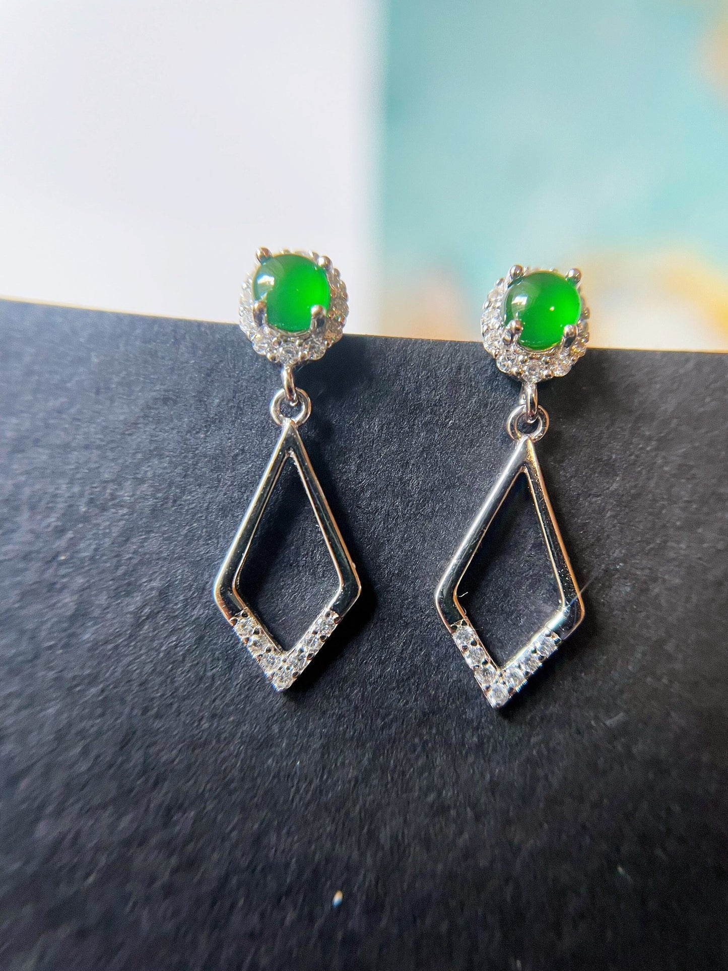 Green Jadeite Drop Earrings - 925 Sterling Silver with Zircon Accents