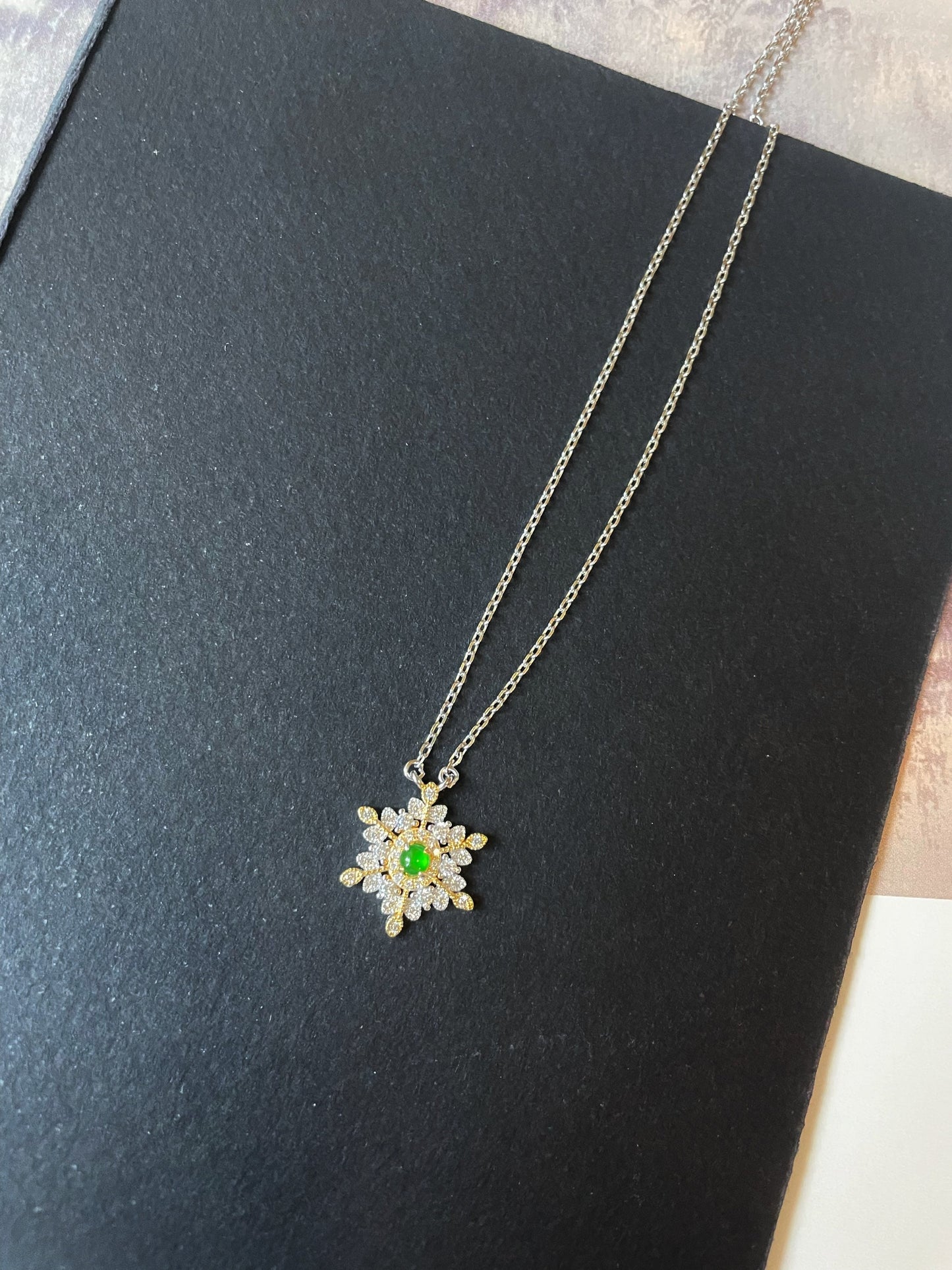 Sterling Silver Snowflake Pendant with Imperial Green Jadeite Jade
