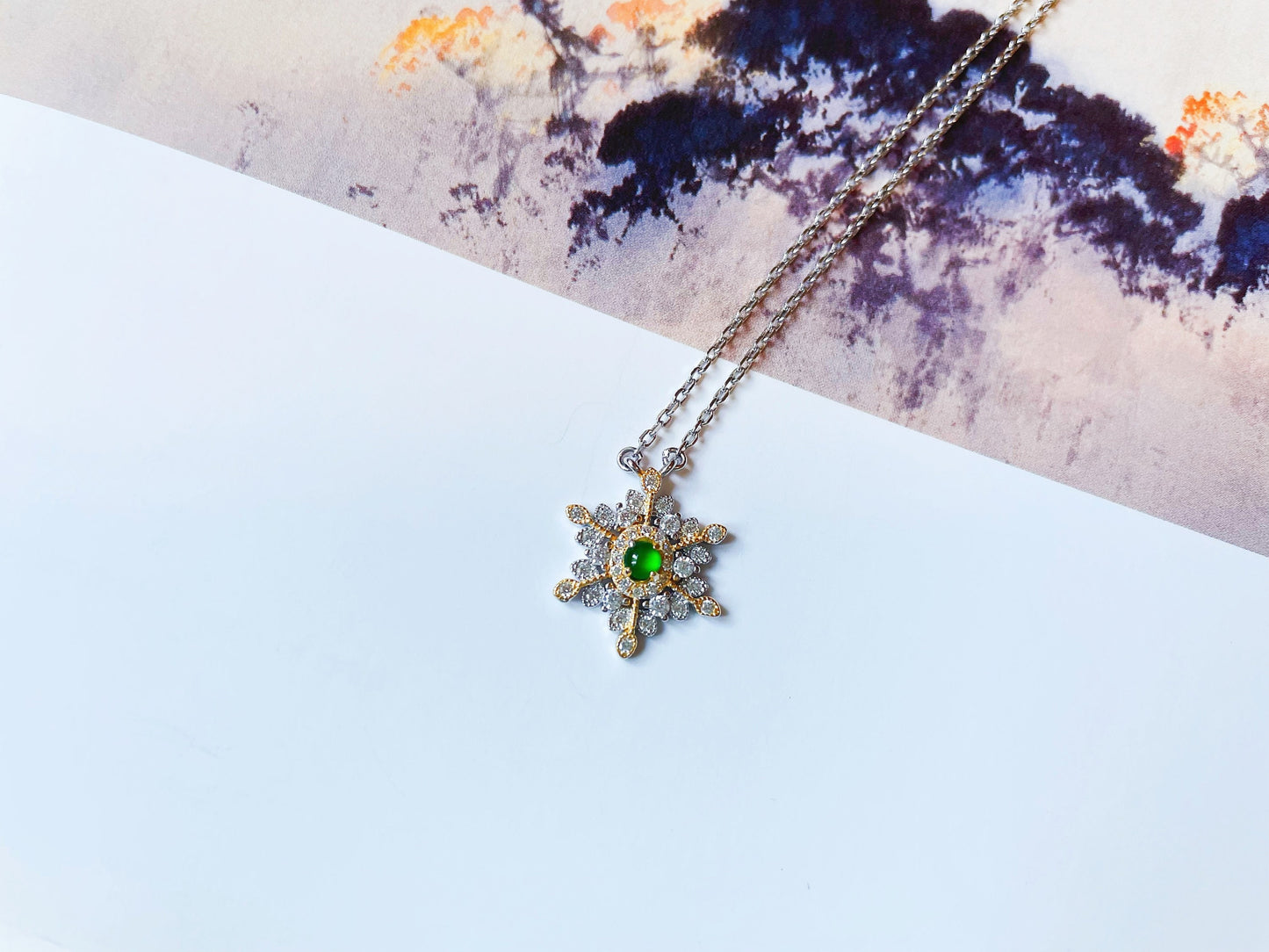 Sterling Silver Snowflake Pendant with Imperial Green Jadeite Jade
