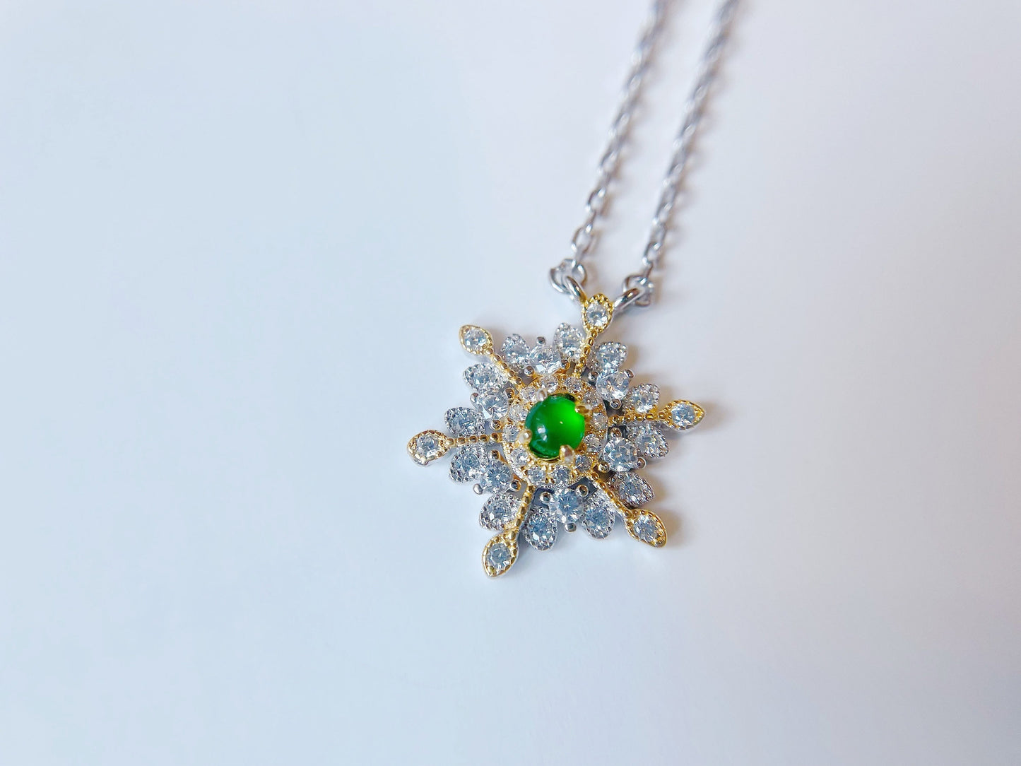 Sterling Silver Snowflake Pendant with Imperial Green Jadeite Jade