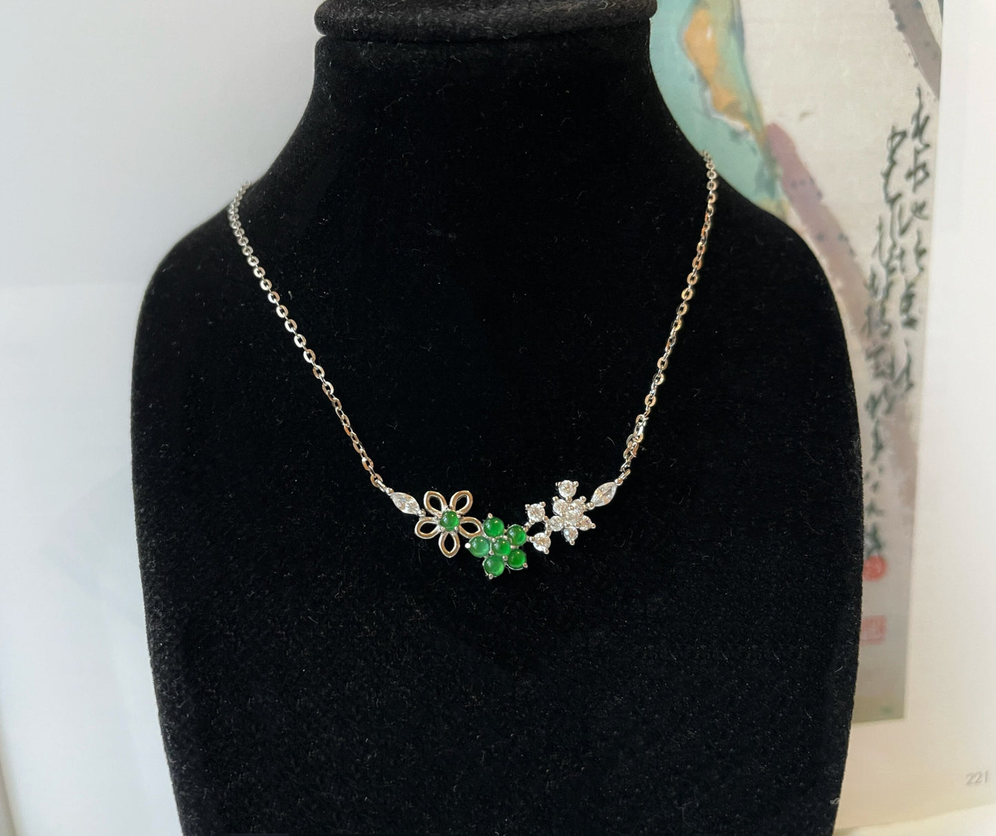 Imperial Green Jade Floral Pendant Necklace Sterling Silver