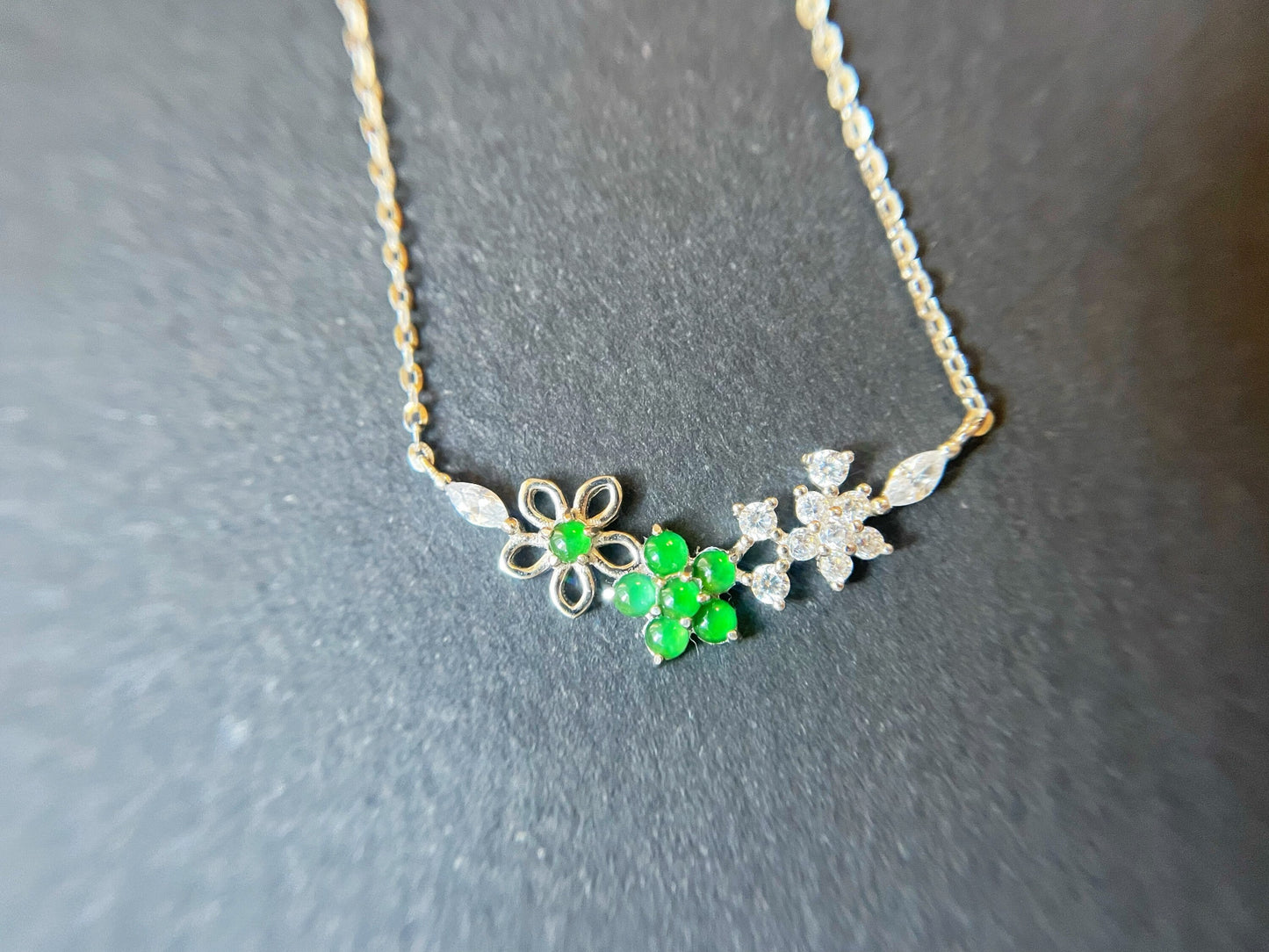 Imperial Green Jade Floral Pendant Necklace Sterling Silver