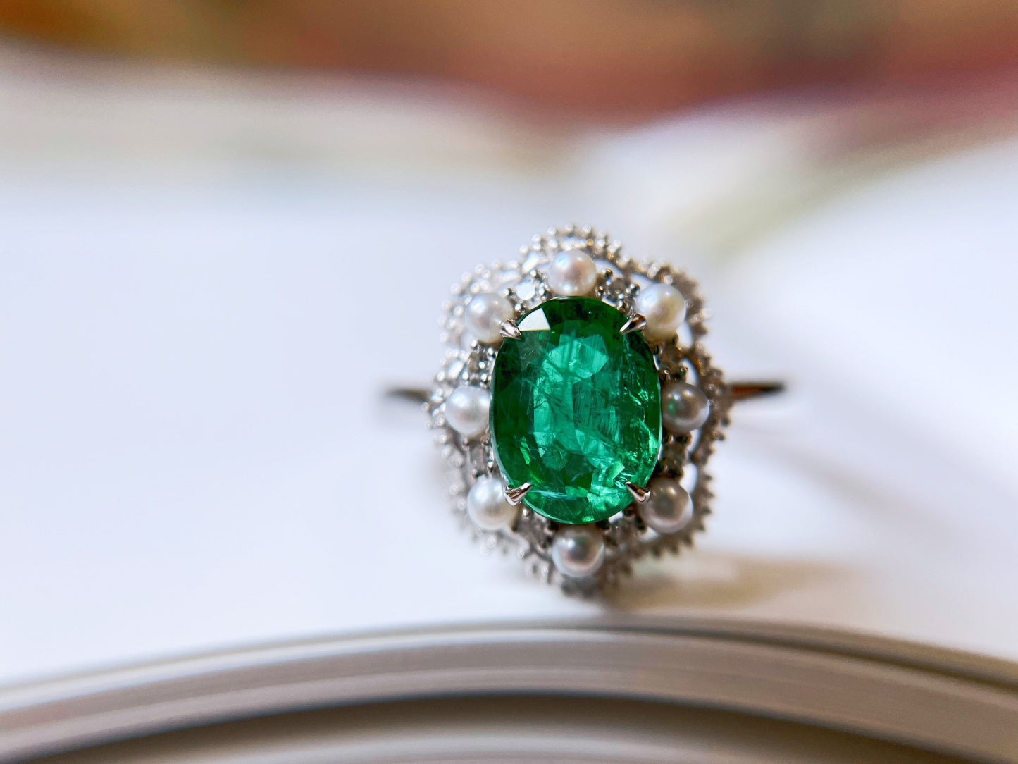 Certified Natural Muzo Green Emerald and Diamond 18k White Gold Ring