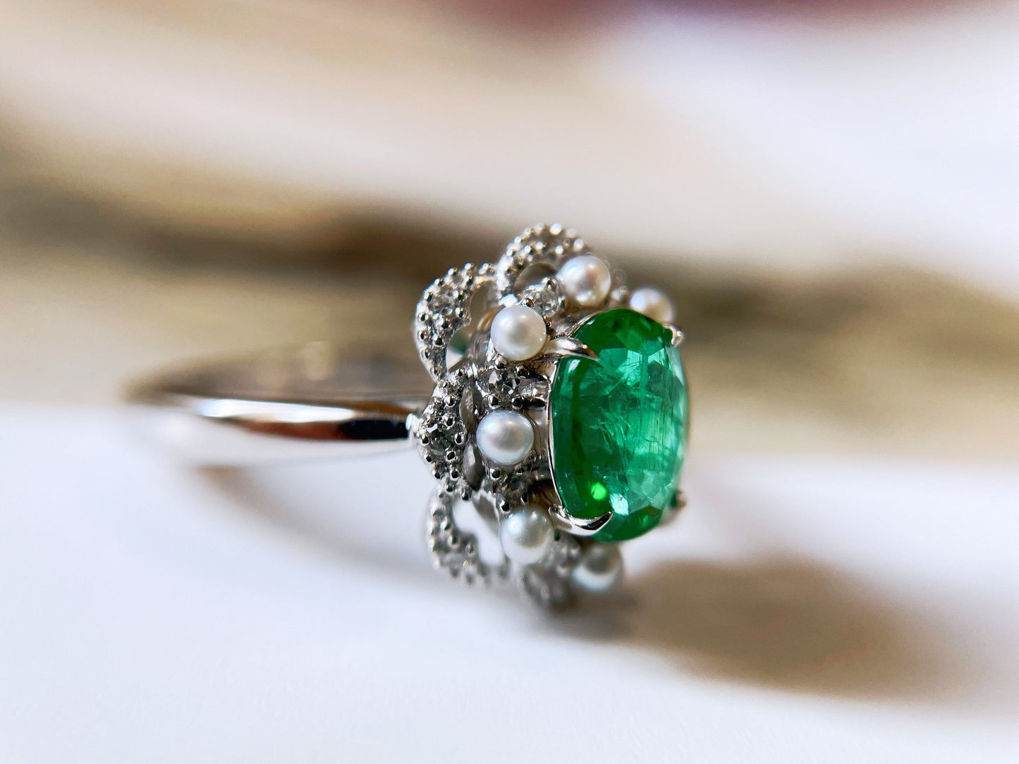 Certified Natural Muzo Green Emerald and Diamond 18k White Gold Ring