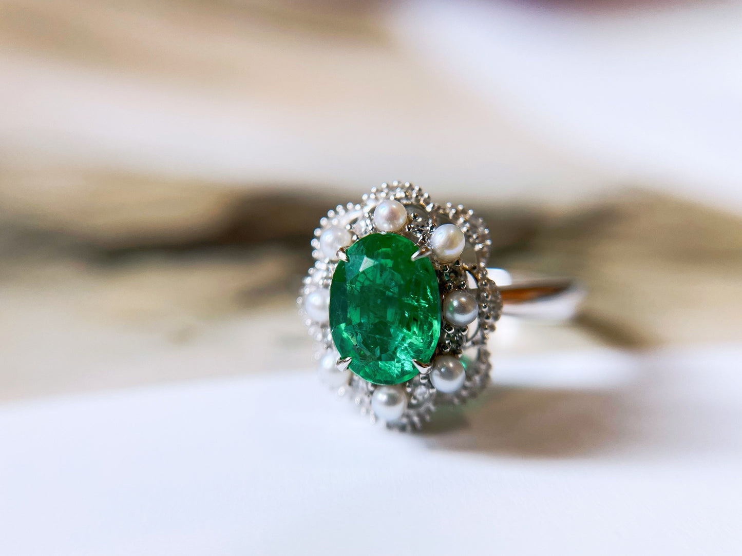 Certified Natural Muzo Green Emerald and Diamond 18k White Gold Ring