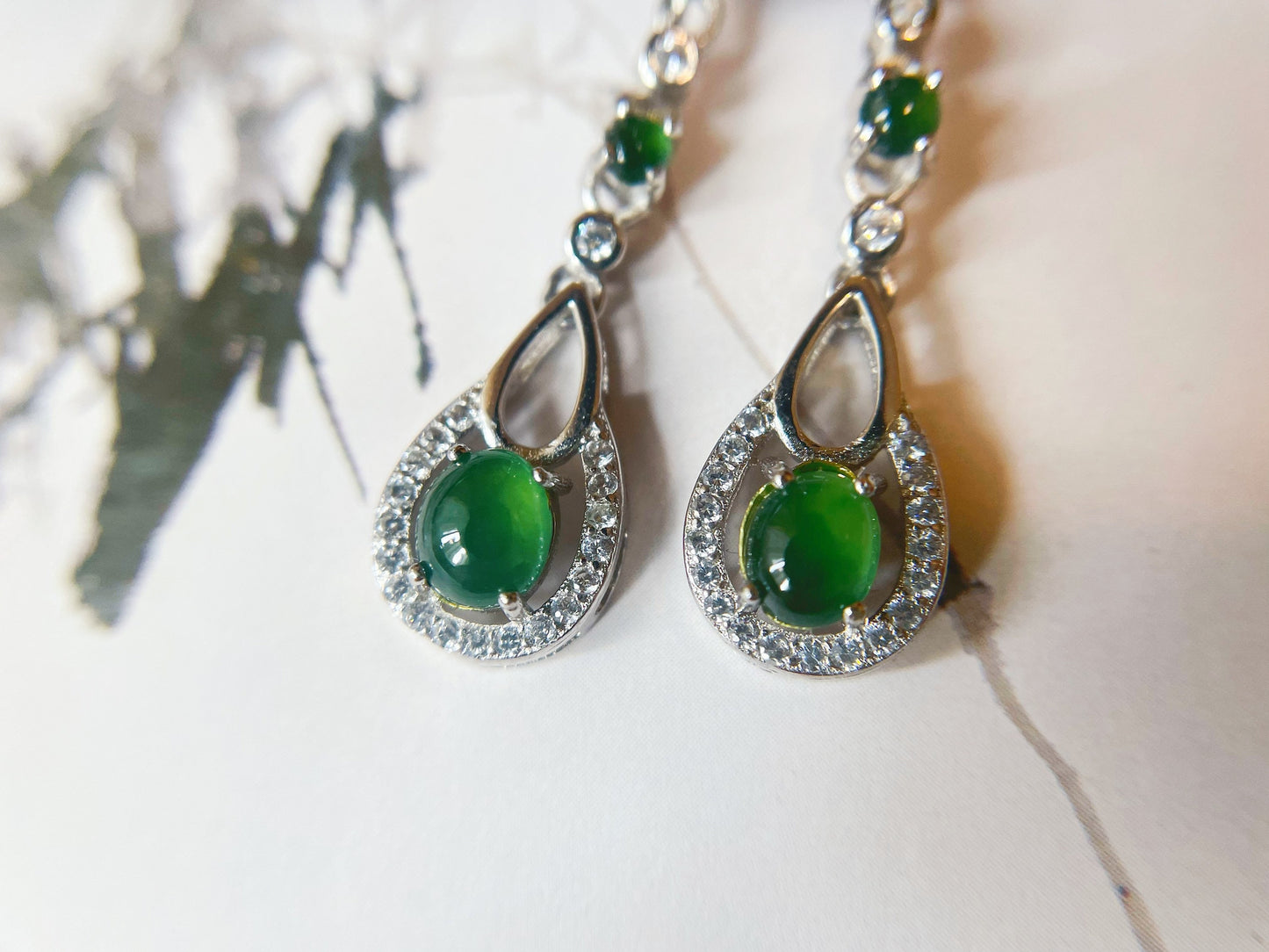 Green Jadeite Jade Huggie Hoop Earrings - Sterling Silver and Zircon Set